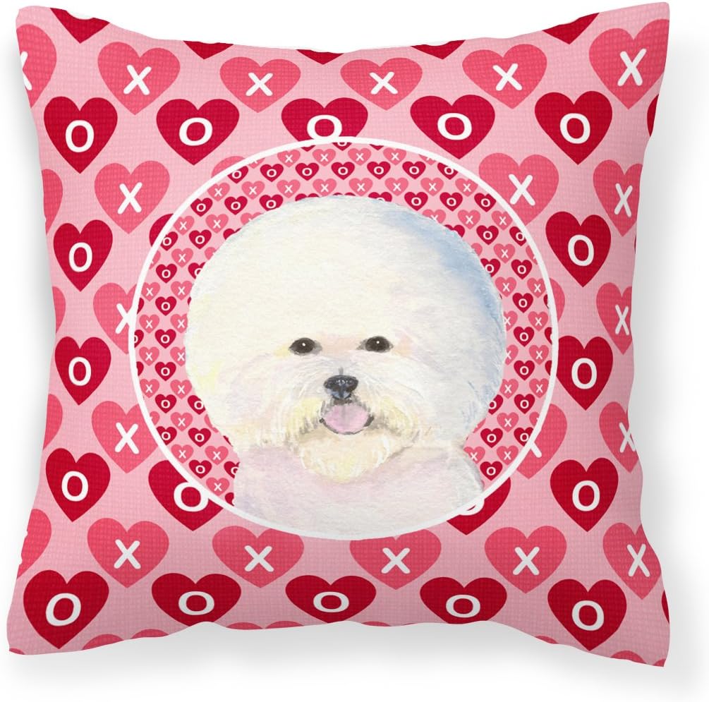 Caroline's Treasures SS4526PW1414 Bichon Frise Hearts Love and Valentine's Day Portrait Fabric Decorative Pillow Machine Washable, Indoor Outdoor Decorative Pillow for Couch, Bed or Patio, 14Hx14W