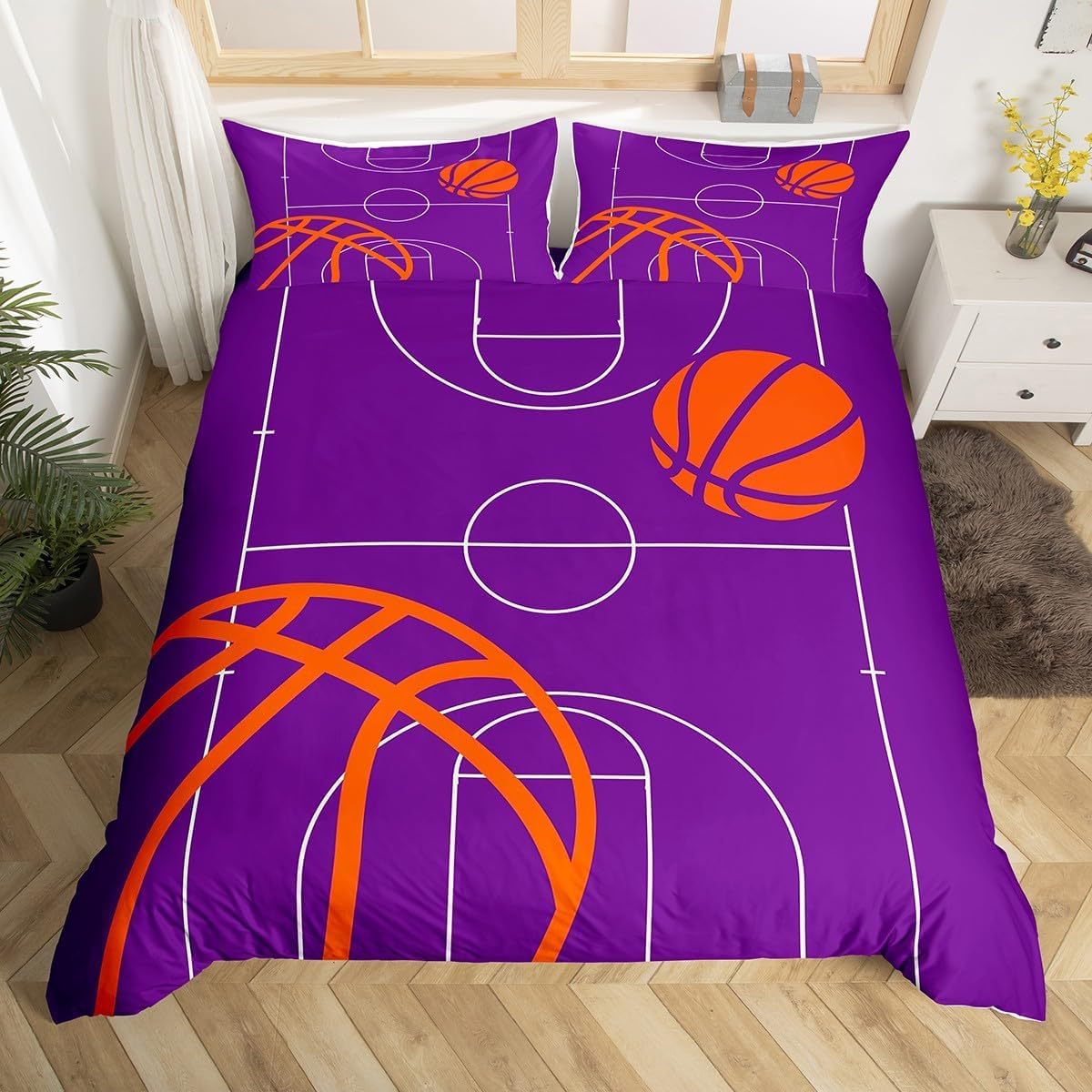 Poszwa na kołdrę 90 Koszykówka 3D Poszwa na kołdrę Boisko do koszykówki Fioletowy 150 x 220 cm, lekka i wygodna pościel z mikrofibry z zamkiem błyskawicznym i 2 poszewkami na poduszki Łatwa w