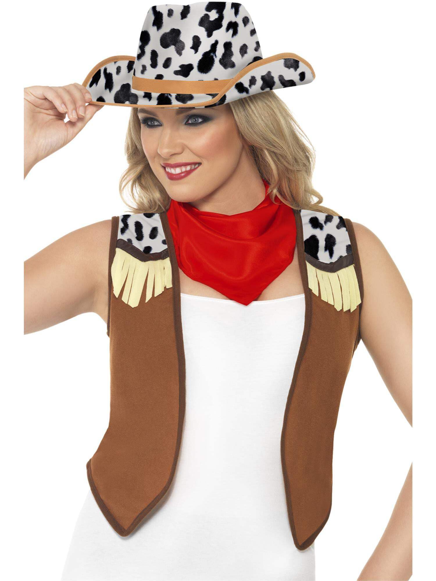 Smiffys Instant Kit Wild West Female, Brown & White with Waistcoat, Neck Scarf and Hat, Cowboys and Indians Fancy Dress, Adult Dress Up Costumes
