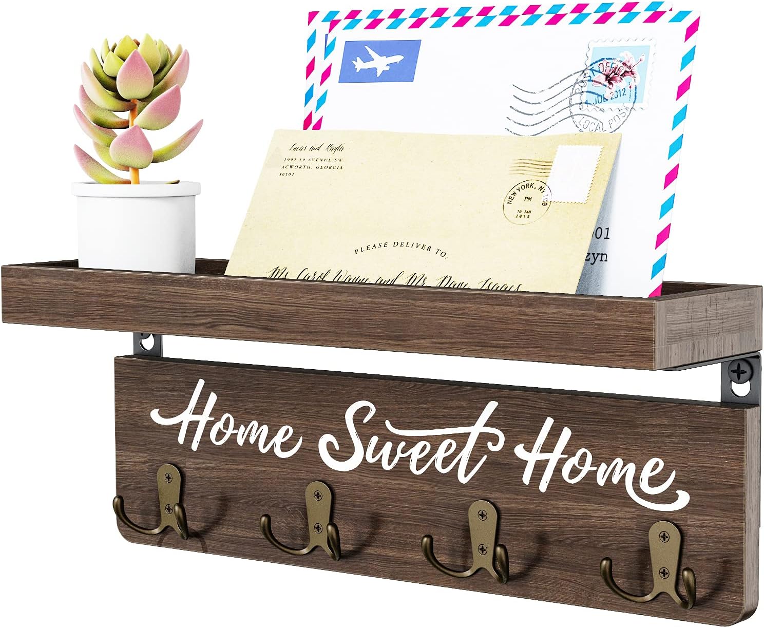buways Wall-Mounted Key and Mail Holder, Wooden Key Rack with 4 Double Key Hooks, Rustic Home Decor for Entryway