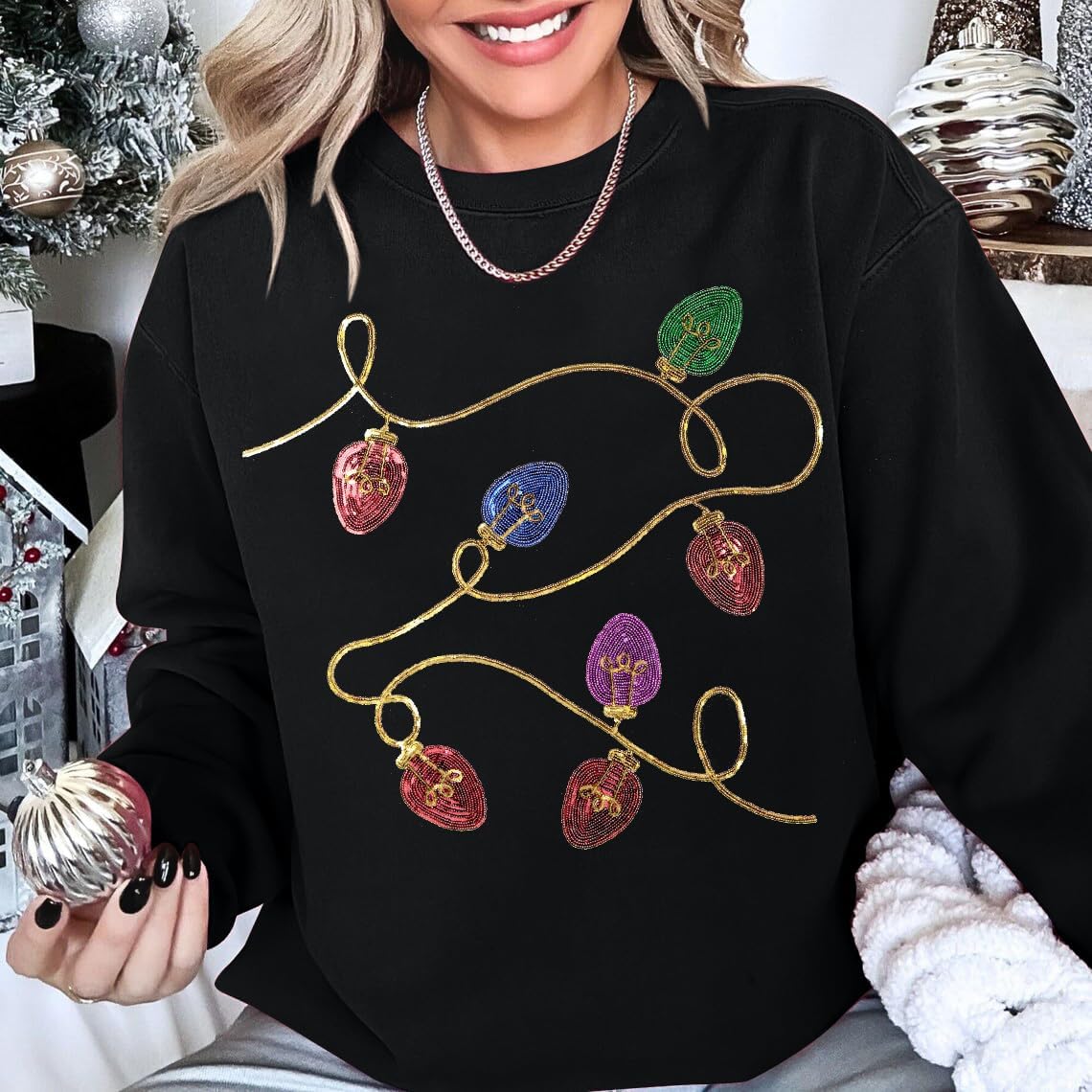 BANGELY Christmas Sequin Sweatshirt Women Christmas Light Sweatshirts Xmas Long Sleeve Shirts Holiday Crewneck Pullover Tops - Image 2
