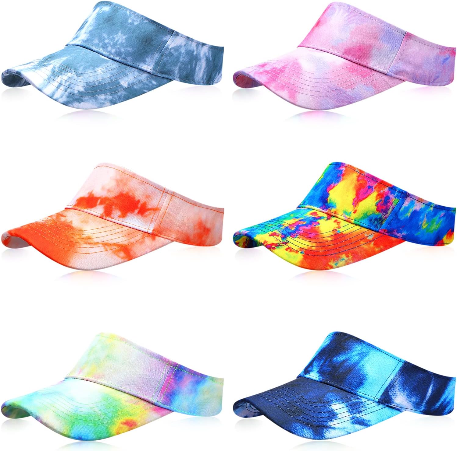 Giegxin 6 Pcs Tie Dye Visor Hats for Women Men Colorful Sports Visor Cotton Adjustable Empty Top Baseball Caps Beach Golf Running Tennis Summer Sport Accessories