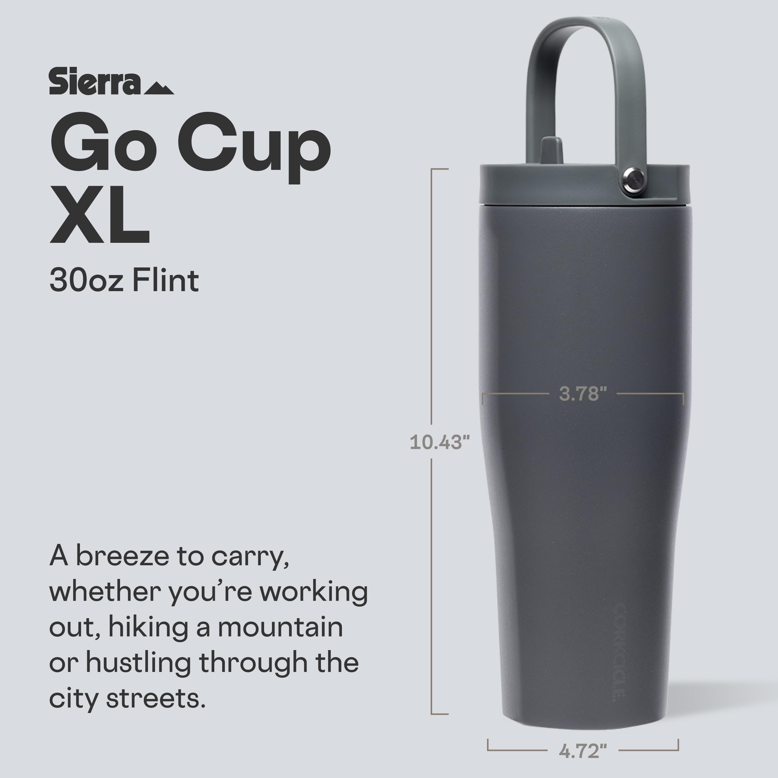 Corkcicle Go Cup XL Isolierter Becher mit Deckel und Strohhalm, Feuerstein, 850 ml, wiederverwendbare Wasserflasche hält Getränke für 12 Stunden kalt, Becherhalterfreundlicher Becher, auslaufsicheres