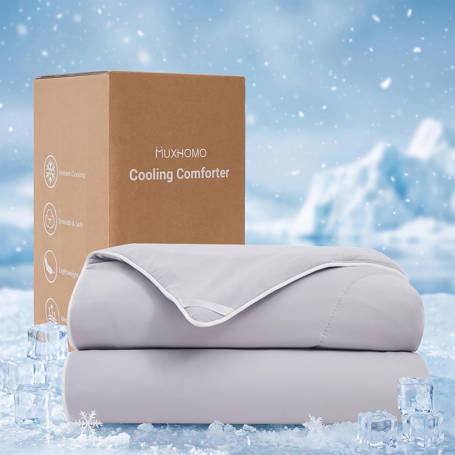 Cooling Comforter Queen Size, Cooling Blanket for Hot Sleepers and Night Sweats, Lightweight Summer Comforter with Breathable Bamboo-Derived Rayon Fill, 90x90 Inches, Cool Gray