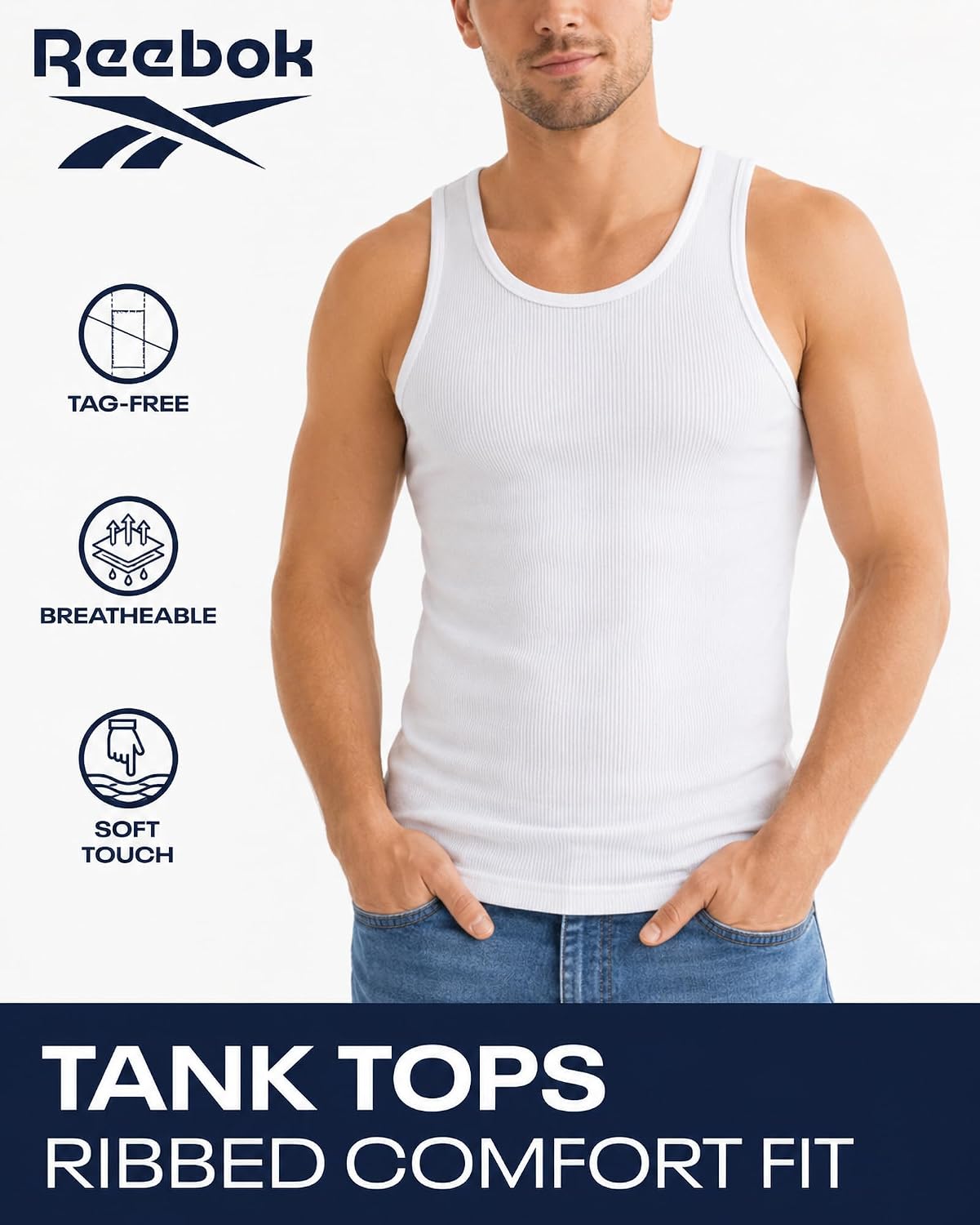 Reebok Mens Tank Top - 3 Pack/5 Pack Super Soft Cotton Blend Ribbed Sleeveless Undershirts & Muscle Tees for Men
