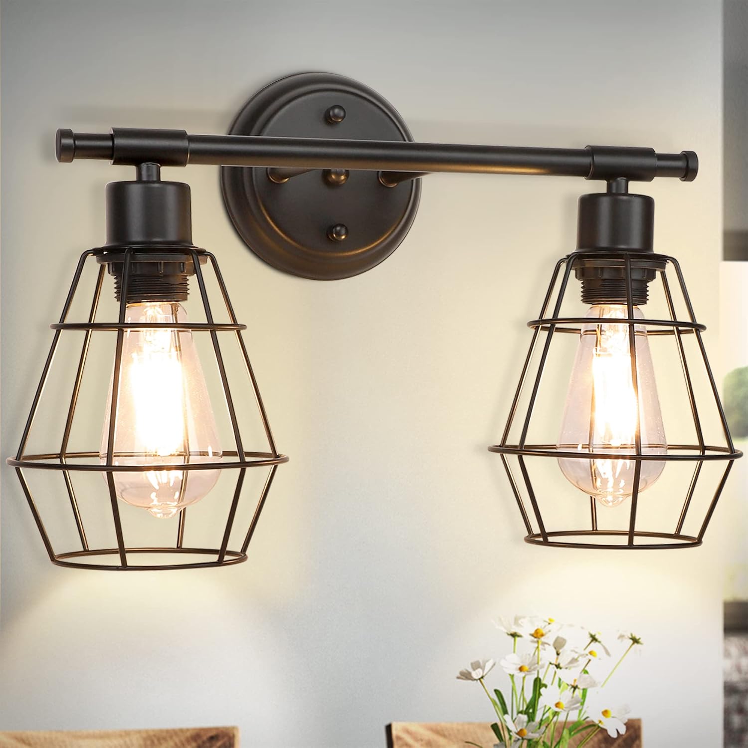 Depuley 2-Light Industrial Bathroom Vanity Light, Farmhouse Metal Cage Wall Sconces, Rustic Matte Black Wall Mount Light Fixtures, Porch Wall Lamps for Living Room, Mirror Cabinets, Bedroom, E26 Base - - 