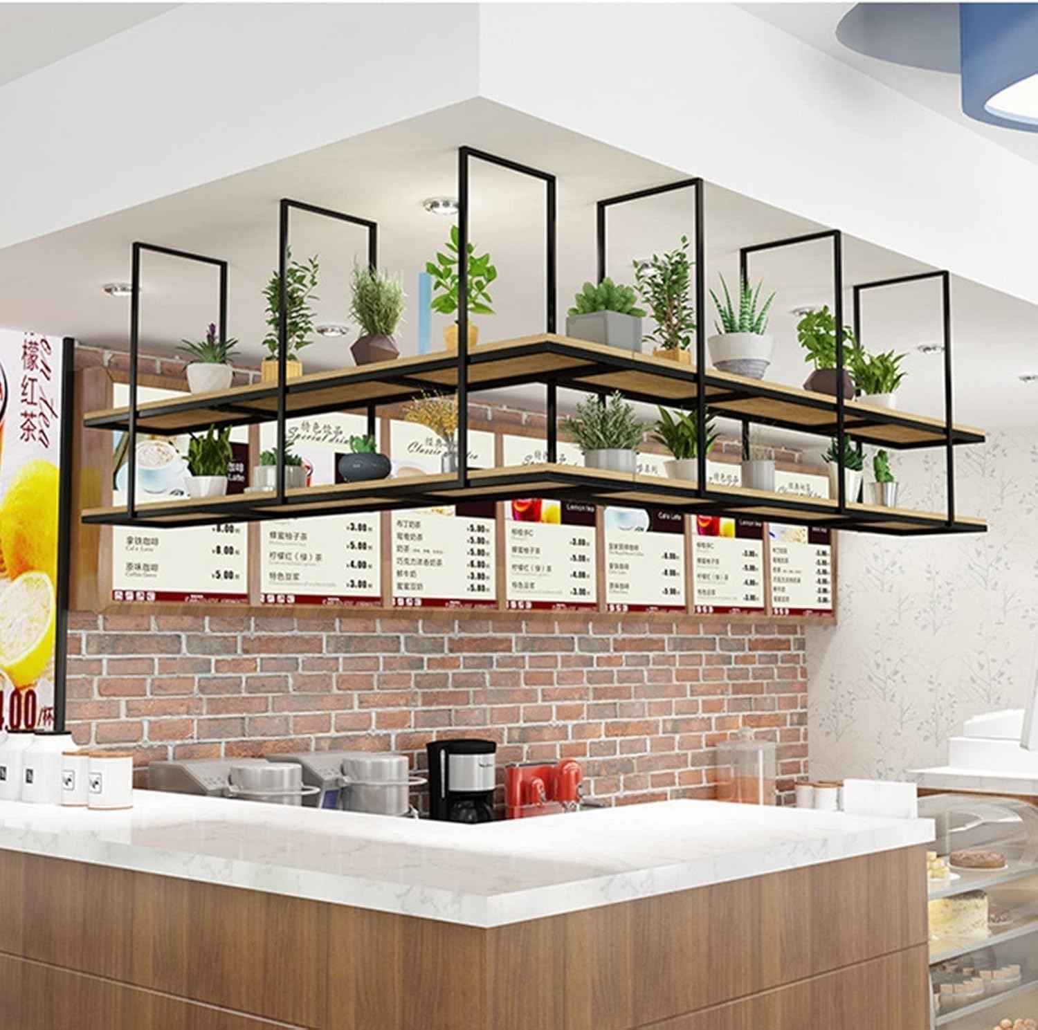 Ceiling Shelf - 2 Tier Ceiling Hanging Bottle Rack, Ceiling Mounted Solid Wood Storage Rack, Wall Mounted Wrought Iron Plant Holder, Restaurant/Bar/Kitchen Display Rack, Save Space