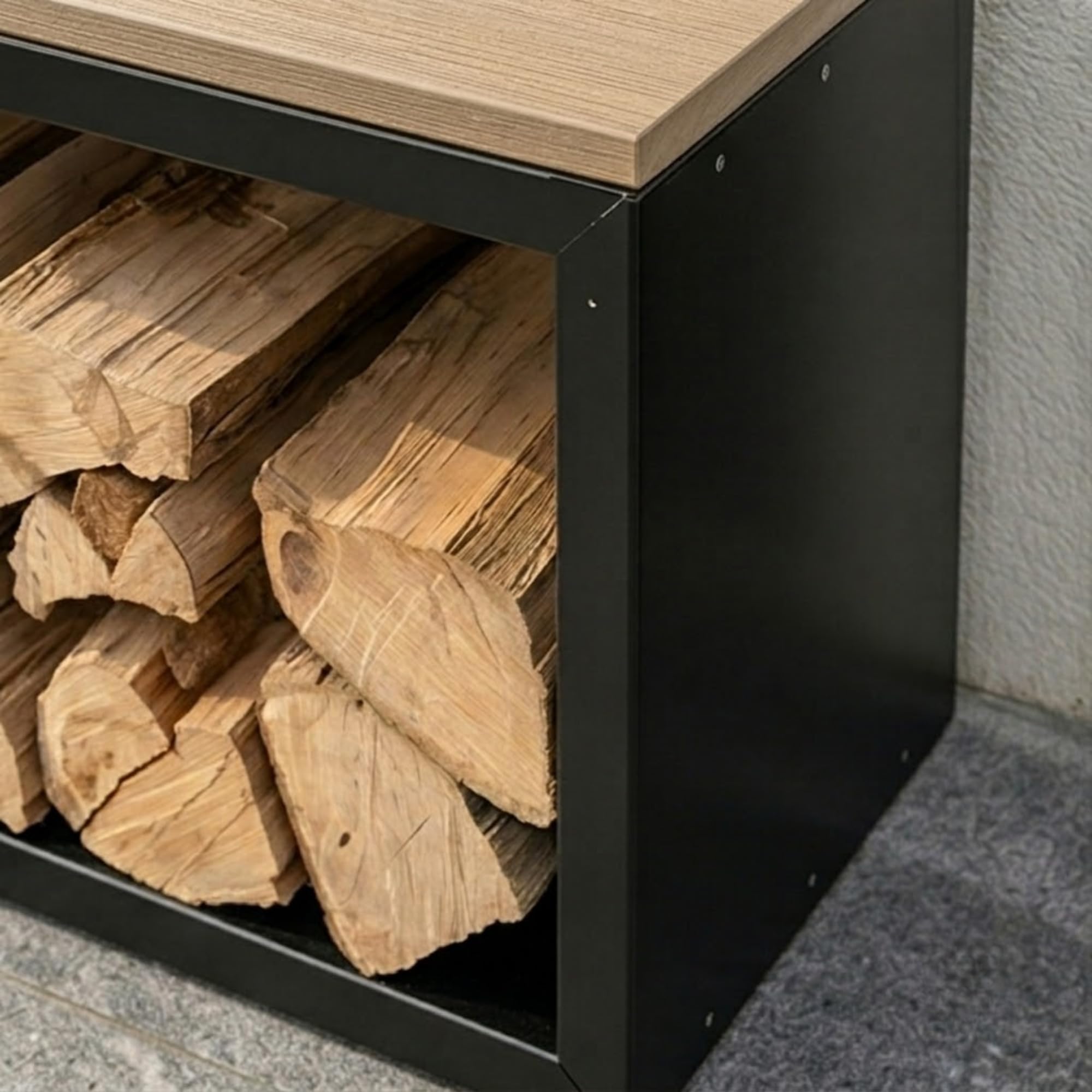 osoltus Brennholzregal Brennholzlager mit Bank 102cm x 35cm x 40cm indoor & outdoor Metall schwarz // holzoptik hochwertig | 2 Fächer