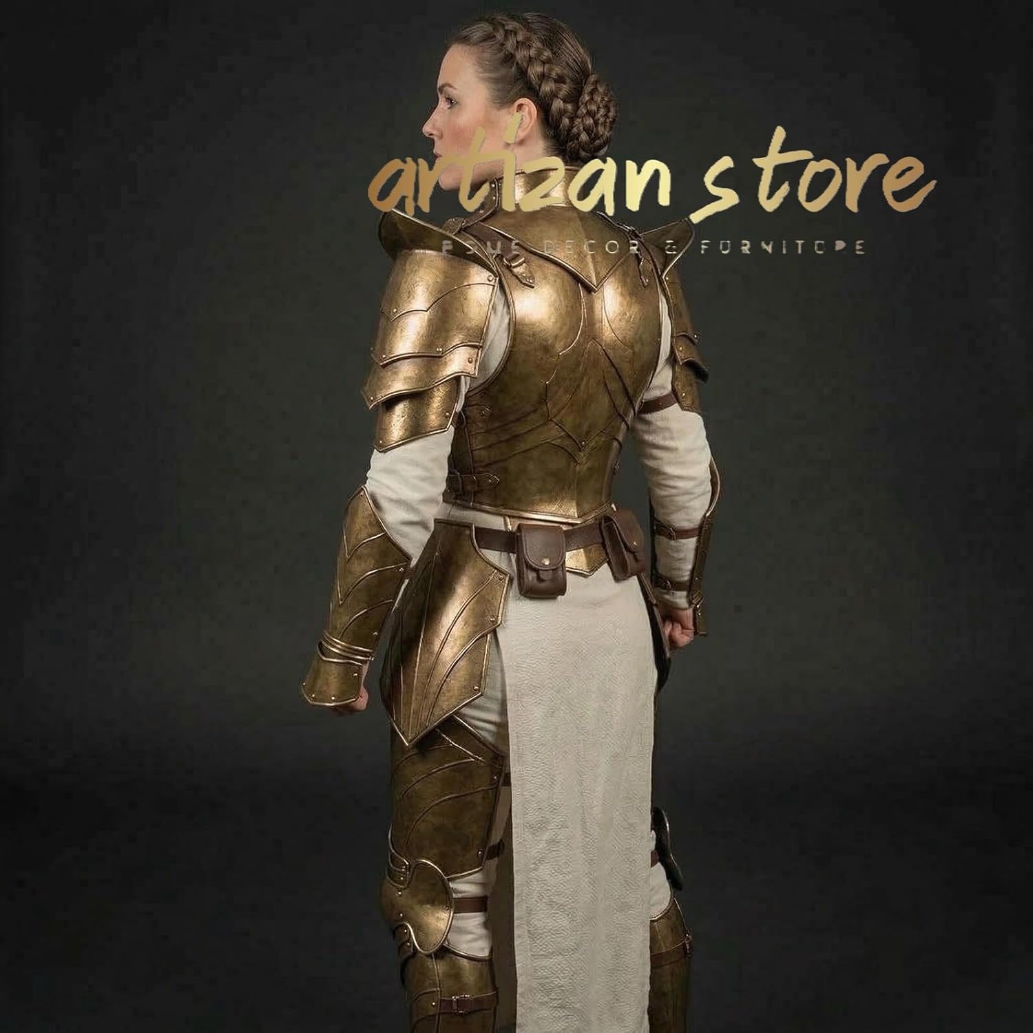 ARTIZANSTORE Handcrafted Female Warrior Armor Set – Medieval Fantasy Lady Armor with Gorget, Pauldrons, Cuirass, Tassets, Bracers & Greaves | Custom Size Cosplay LARP Costume