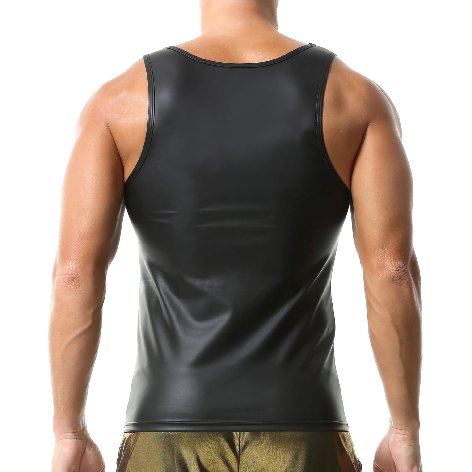 QiaTi Herren Lederimitat Weste Schwarz Herren Ärmelloses Tanktop Ausschnitt Slim Fit Unterhemd für Männer Club