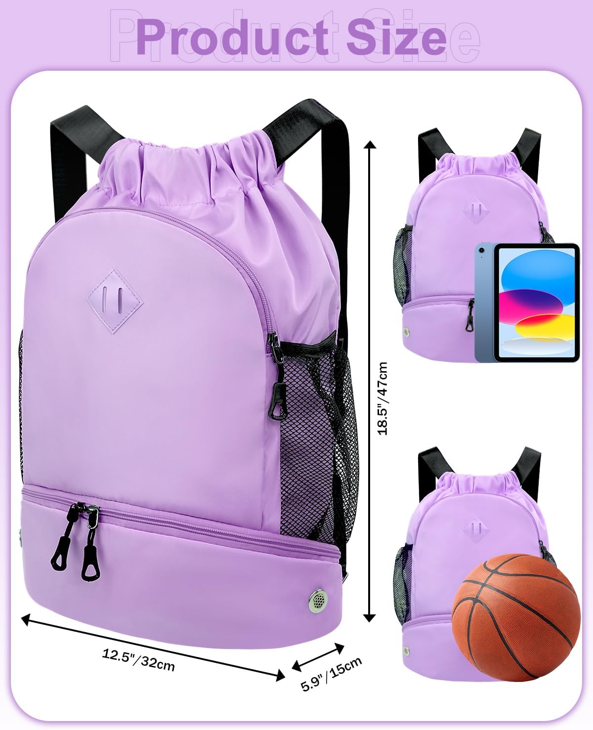 Drawstring Backpack Gym Backpack with Shoe Compartment for Men Women String Sports Bag with Wet Pocket Cinch Swim Beach Bag, Purple (Patent Pending) - Image 6