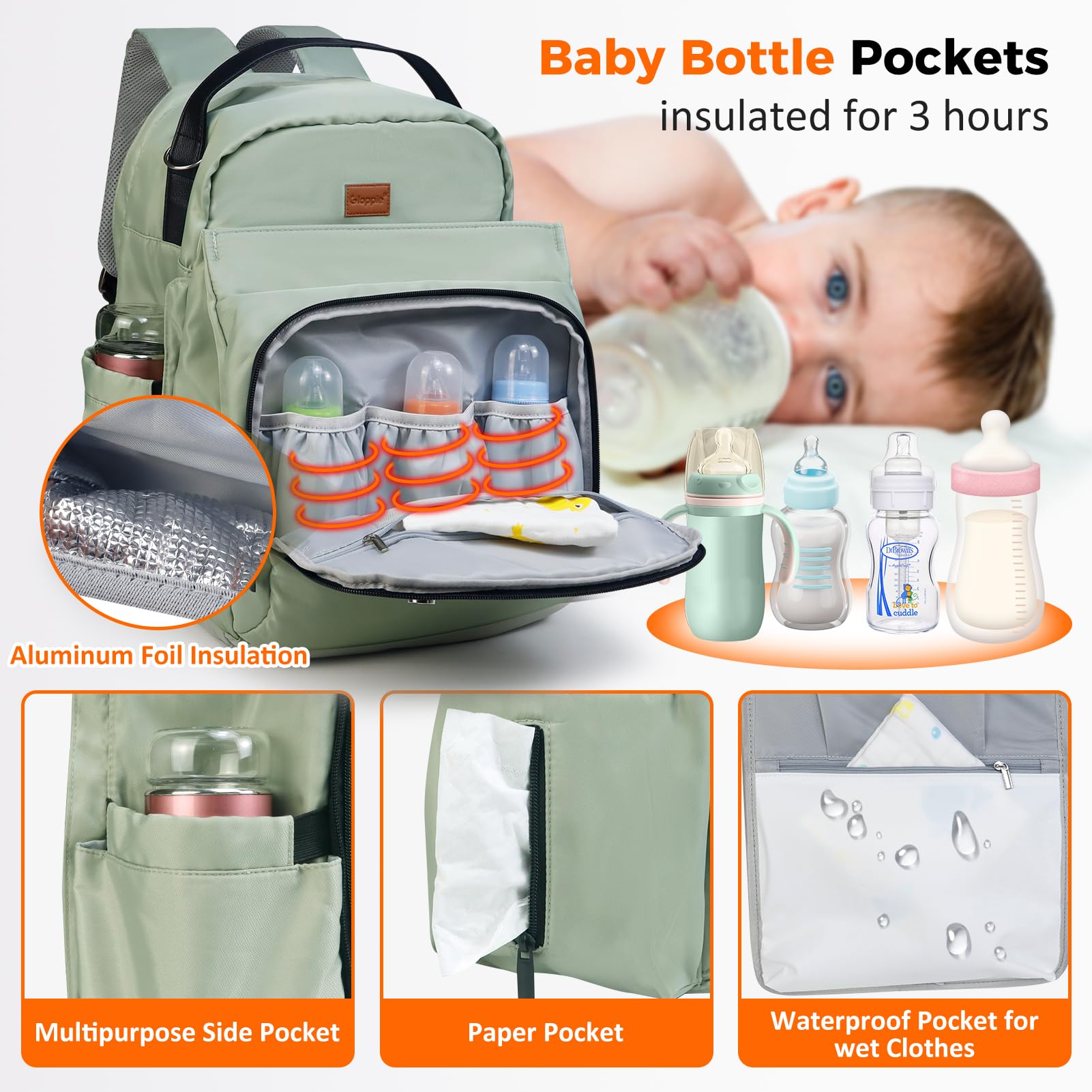 Gloppie 4-in-1-Wickeltasche, großes Fassungsvermögen 47 l – Rucksack (30 l) & abnehmbarer Schultergurt (17 l) mit Wickelunterlage und Kühltasche für Babyflasche, Mutterschaft für Mama, Papa