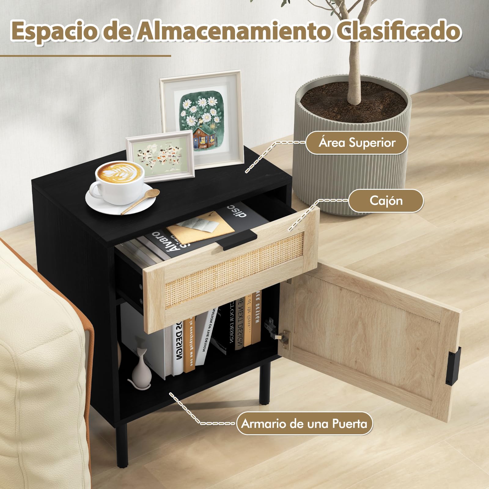 COSTWAY 2 Mesitas de Noche de Ratán, Mesillas de Noche Bohemio con Cajón y Armario, Patas Metálicas, Mesita Auxiliar Sofa Salon Dormitorio, 45 x 30 x 59 cm (Negro)