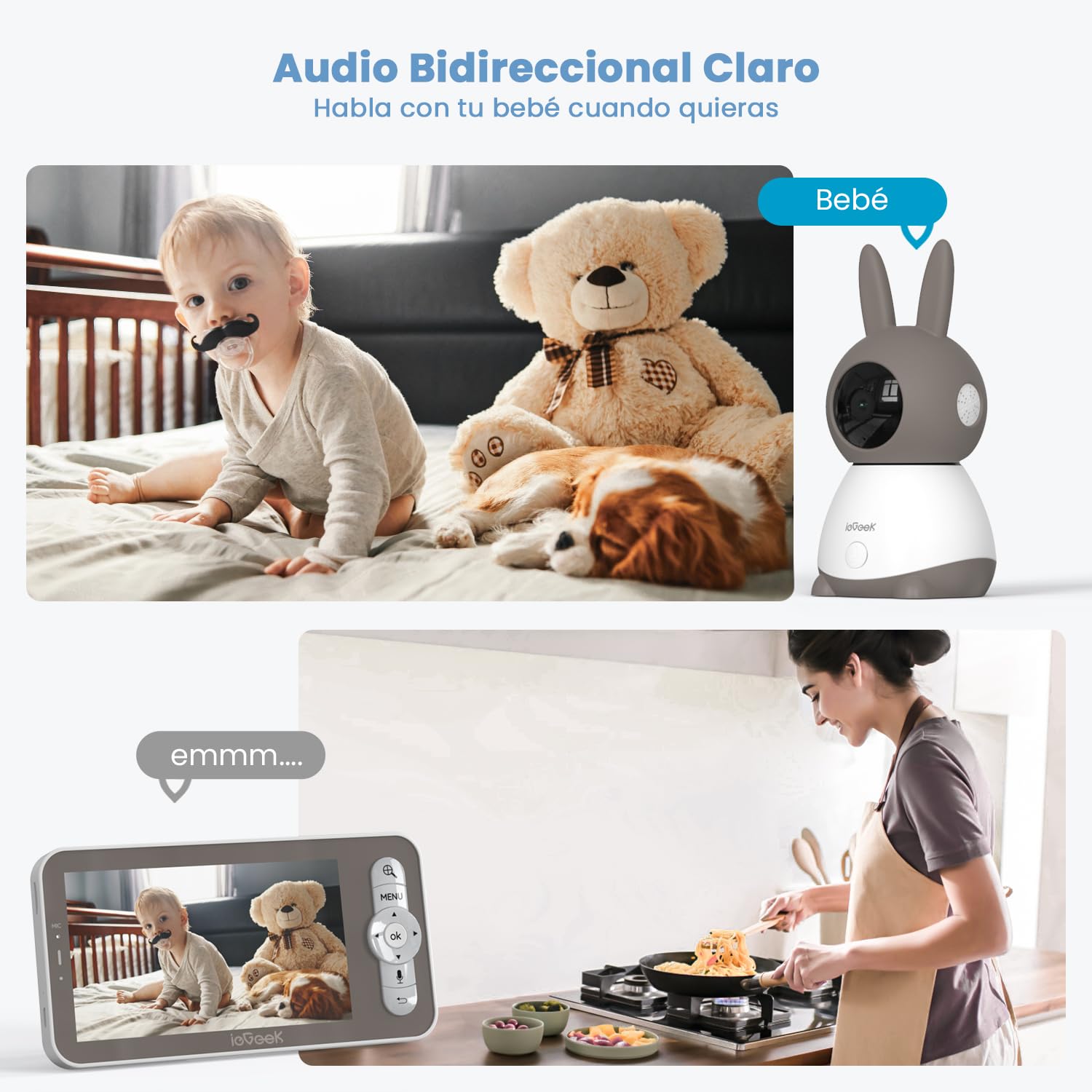 ieGeek 5” 2K/3MP Camara Vigilancia Bebe, 360° Vigilabebes con Camara con 5” Pantalla Dividible, Monitor con Audio 2 Vías, Automatic Tracking, Area Detection, Deteccion Ruido,Vox, para Recien Nacido