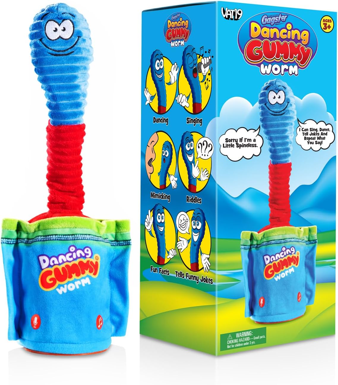 Gagster Dancing Gummy Worm, Interactive Talking & Singing Plush Toy, Lights Up, and Repeats What You Say - Funny Animatronic Toy for Kids, Gag Gift