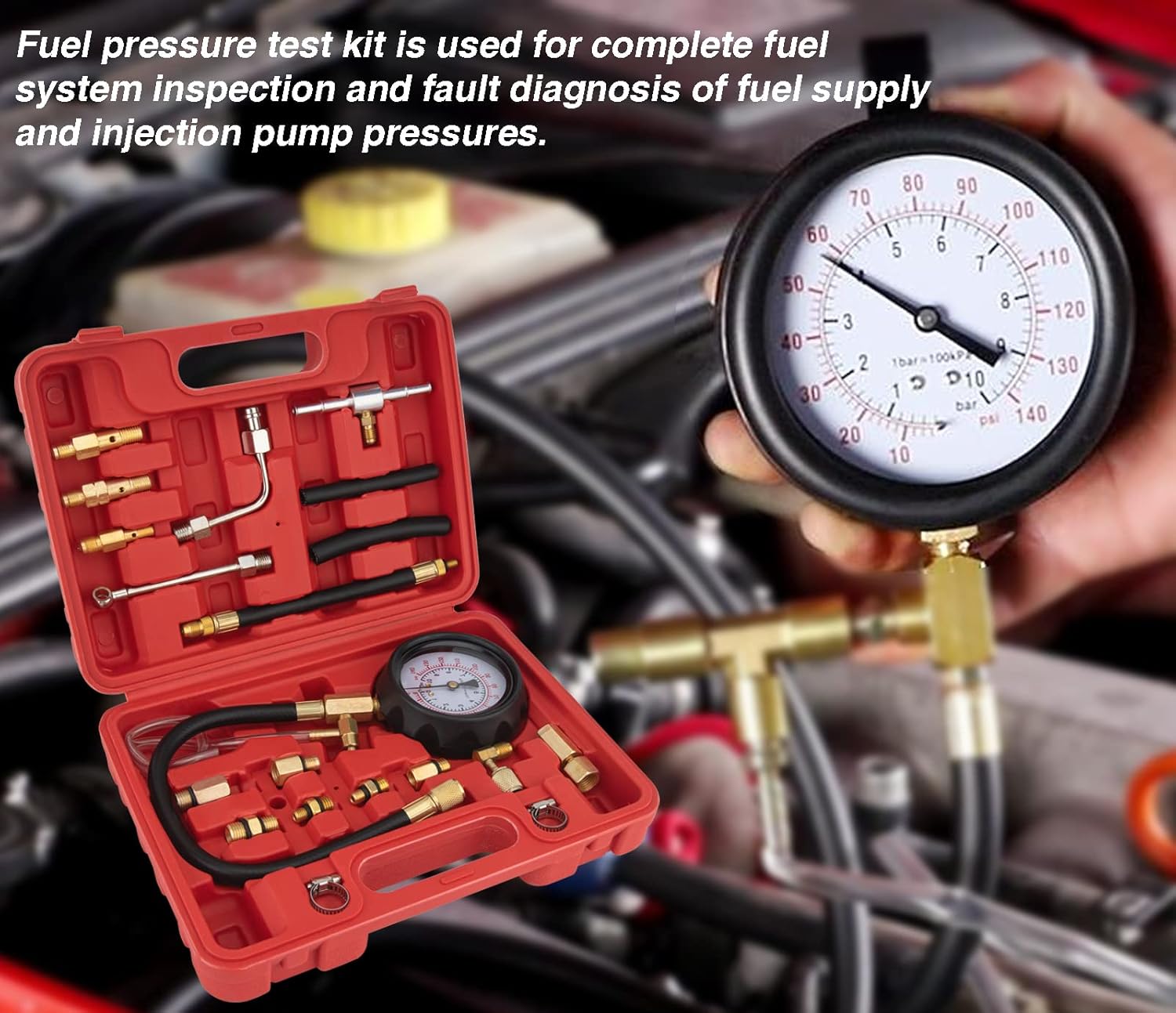 Fuel Pressure Test Kit (0-140Psi), Fuel Injection Pump Pressure Tester Gauge Kit for Auto Truck Car Motorcycle (Not for Diesel Vehicles) TU-114 Fuel Pressure Tester Kit, Fuel Pressure Gauge Kit : Automotive
