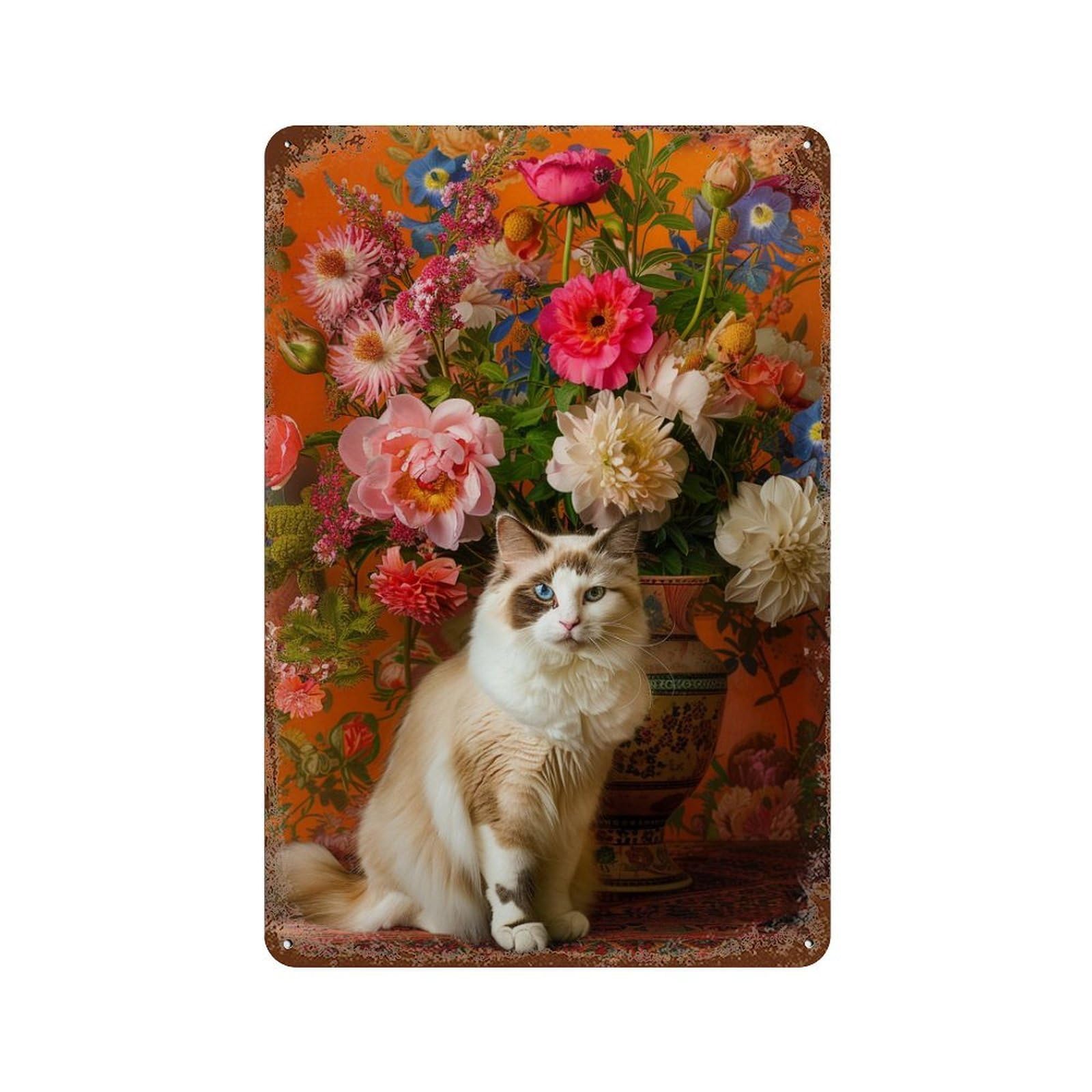 Floral Cat Portrait Aged Metal Wall Plaque 11.8"x7.9", Farmhouse Wall Decor for Office, Studio And Wall Decor