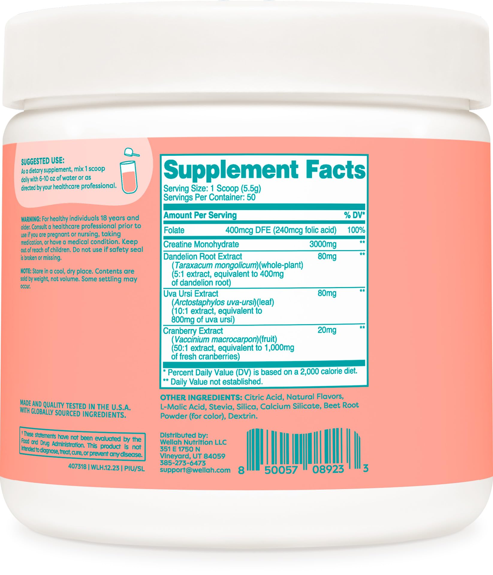 Wellah Creatine for Women - Creatine Monohydrate with Dandelion & Cranberry Extract (50 Servings, Clementine Peach)