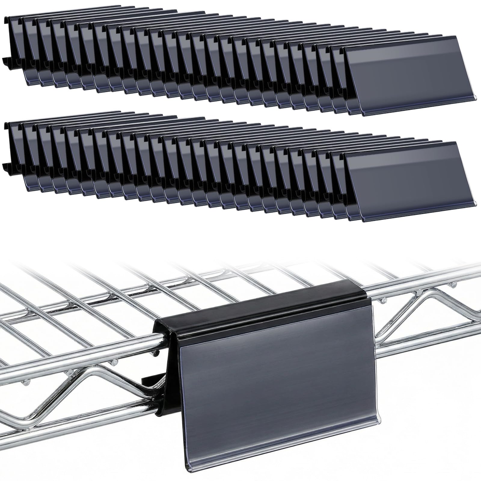 Photo 1 of 100 Pcs Wire Shelf Label Holders Compatible with Metro 1-1/4in Shelves, Plastic Wire Rack Label Holder 3" x 1.25" Black Price Tag Shelf Clips for Retail Warehouses