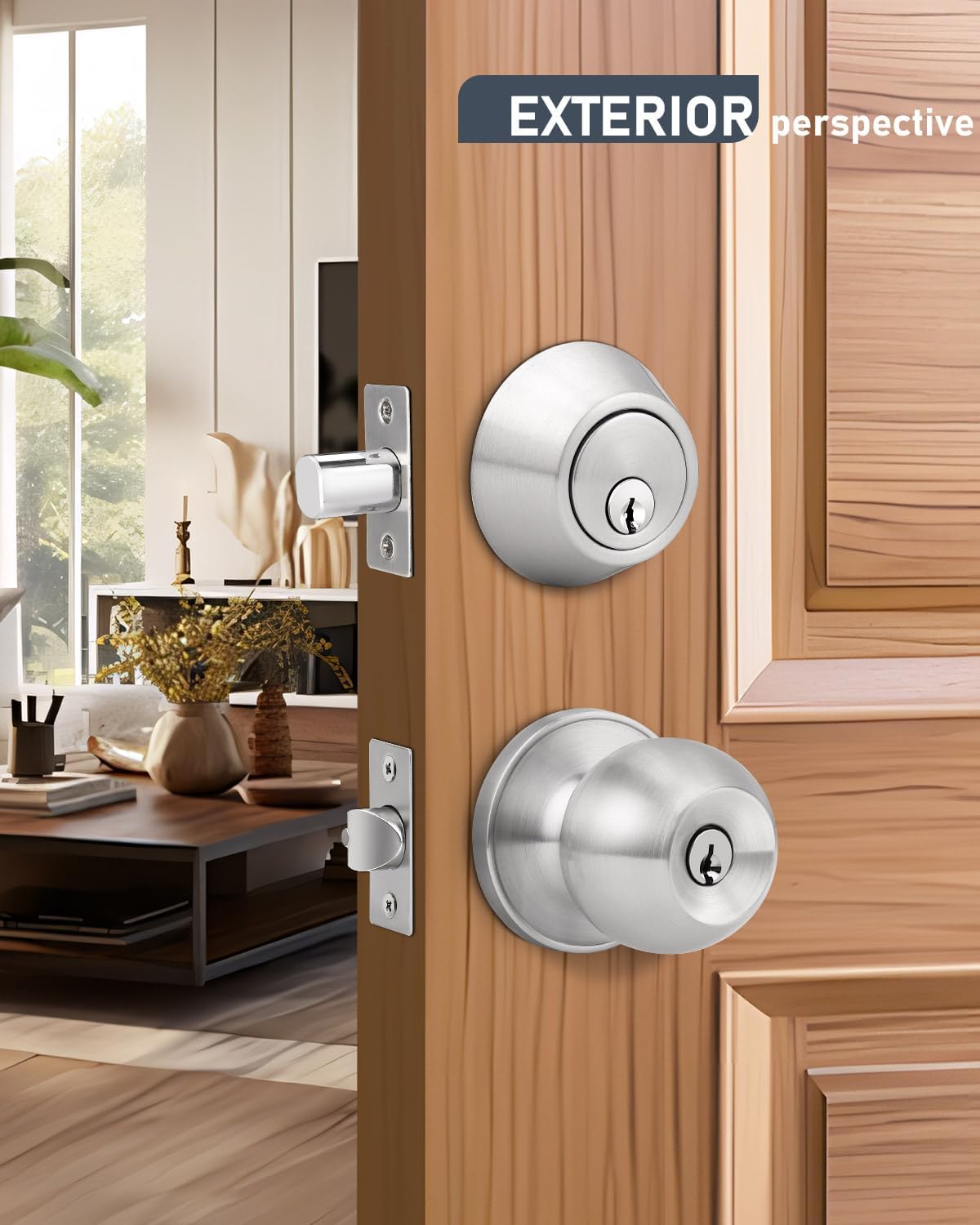 4 Pack Keyed Entry Door Knob and Single Cylinder Deadbolt Combination Set in Satin Nickel, Keyed Alike Exterior Knob Door Handle and Deadbolt Lock and Key, Round Locking Lever Handle Set