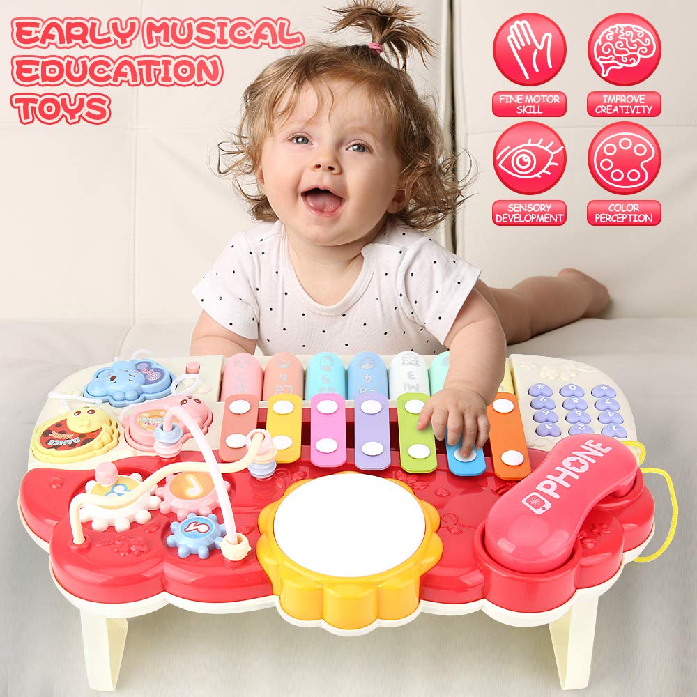 Juguetes musicales para bebés, instrumento musical de desarrollo para bebés de 18 meses, con música e iluminación, juguete de piano de batería de aprendizaje rojo para niños pequeños 8
