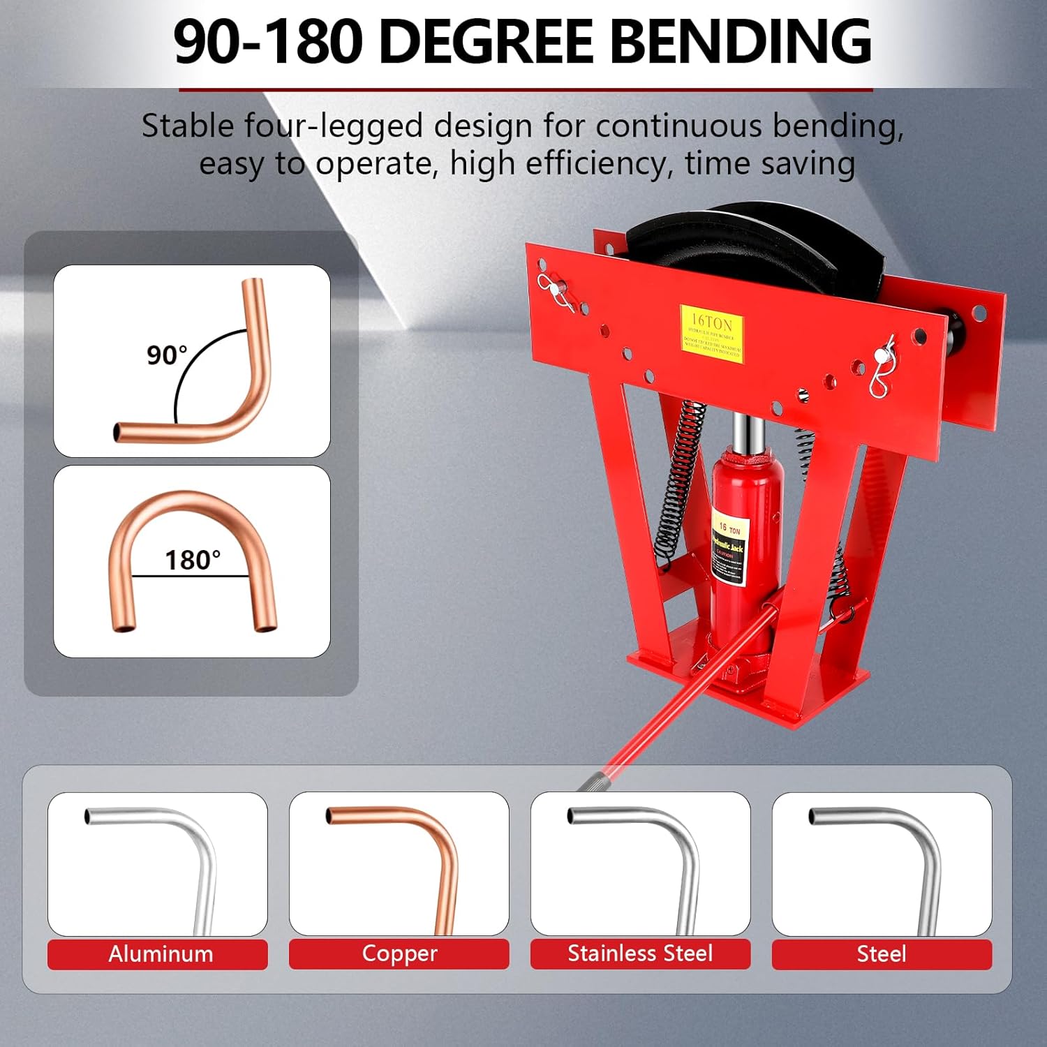 Hydraulic Pipe Bender, 16 Ton Manual Copper Tubing Bender Tool with 8 Dies Adjustable Rollers 90°-180° Steel Iron Metal Ratcheting