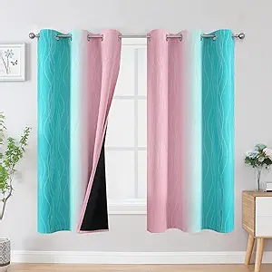 Estelar Textiler Pink and Teal Blackout Curtains for Living Room, Full Room Darkening Grommet Ombre Curtains for Bedroom, Thermal Insulated Light Blocking Gradient Drapes, 42Wx63L, 2 Panels
