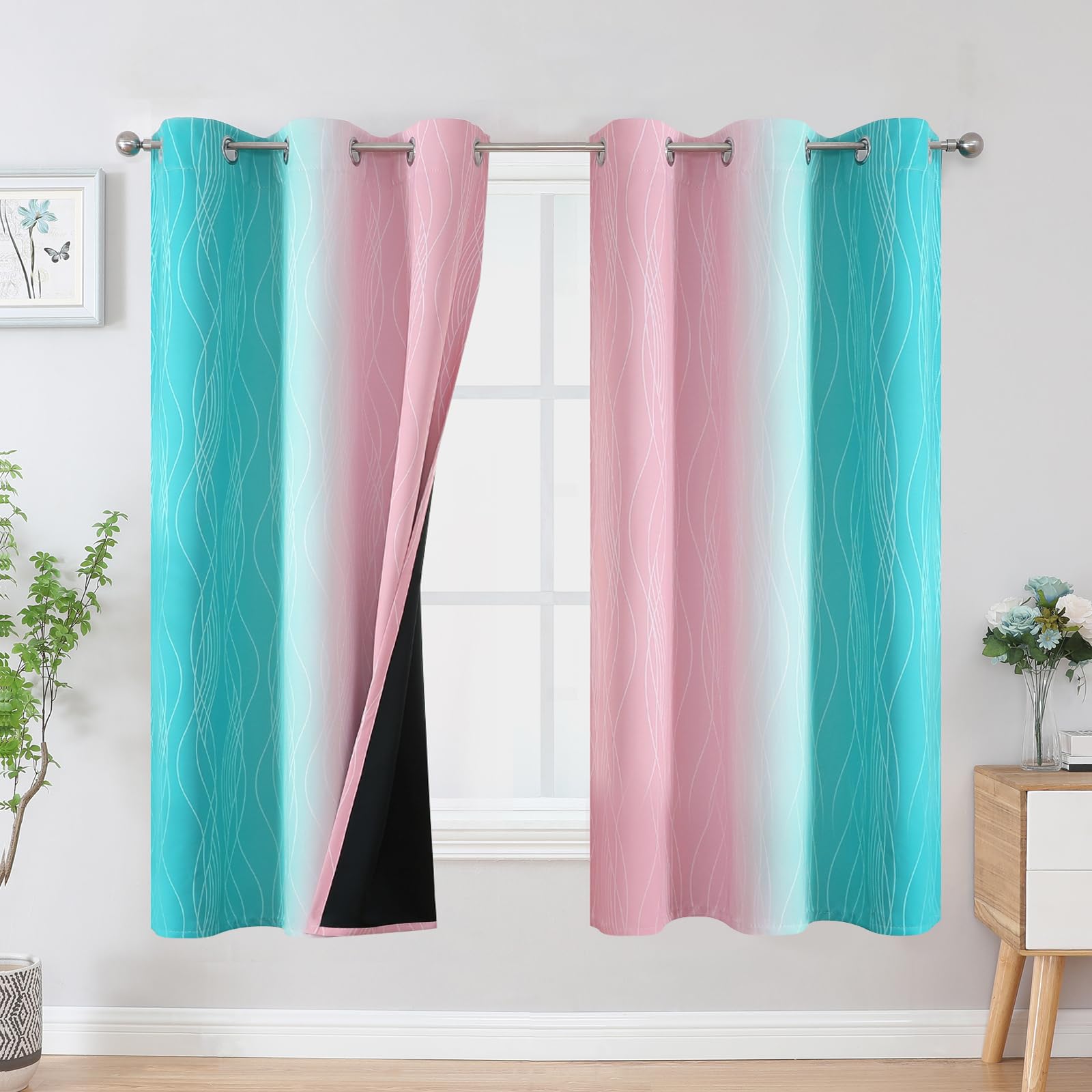Estelar Textiler Pink and Teal Blackout Curtains for Living Room, Full Room Darkening Grommet Ombre Curtains for Bedroom, Thermal Insulated Light Blocking Gradient Drapes, 42Wx63L, 2 Panels