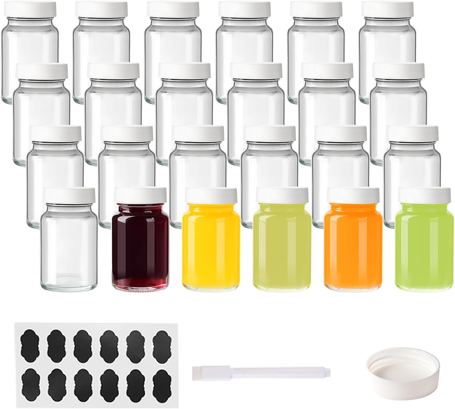 24 Pack 2 oz Reusable Small Glass Bottles with Lids, Wellness Shots Bottles for Juicing, Ginger, Mini Glass Jars with Caps, Label, Pen