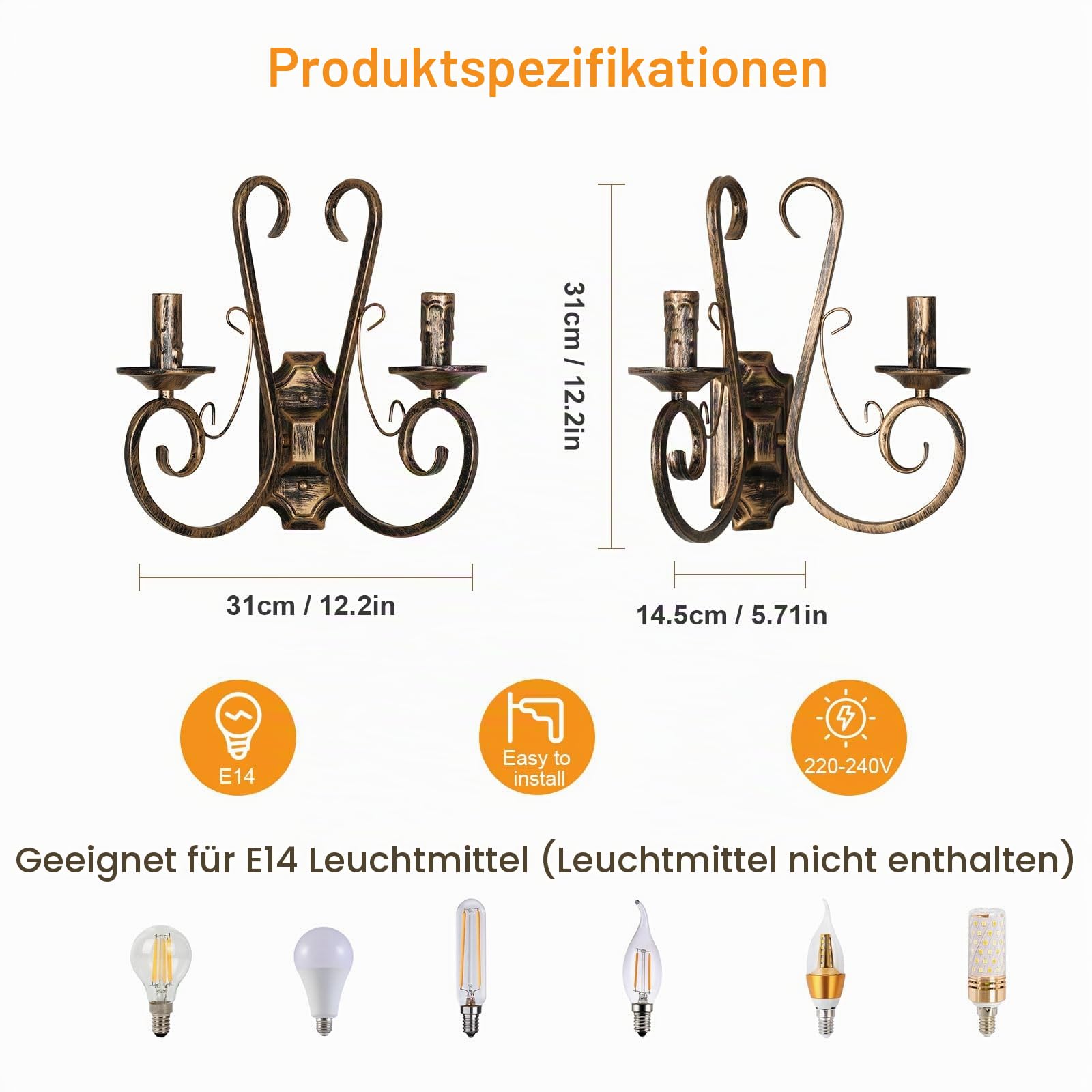 2 Lichts Wandleuchte, E14 Retro Wandlampe Vintage Französisch | Traditionelle Bronze, Rustikale Wandleuchte Innen für Schlafzimmer, Wohnzimmer, Treppen, Flur, ohne Leuchtmittel