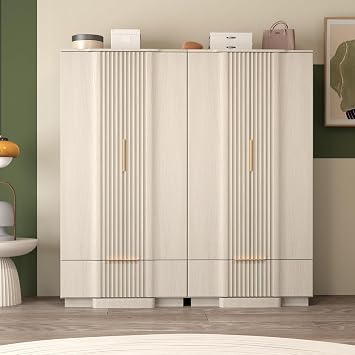 Brafab 67" Fluted Armoire Wardrobe Closet with Drawers, White Oak Cabinet | Removable Hanging Rods, Adjustable Shelves, Soft-Close Hinges, Large Capacity, Clothes Organizer for Bedroom, Cloak Room