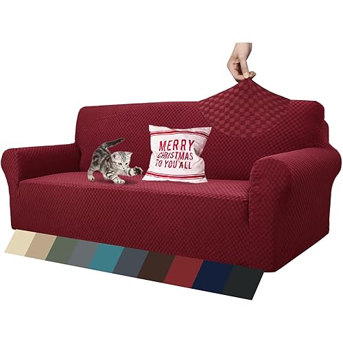 ZNSAYOTX 1 Piece Jacquard Couch Covers for 3 Cushion Couch High Stretch Sofa Cover for Pets Dogs Anti Slip Extra Large Sofa Slipcovers Furniture Protector (XL Sofa, Wine Red)