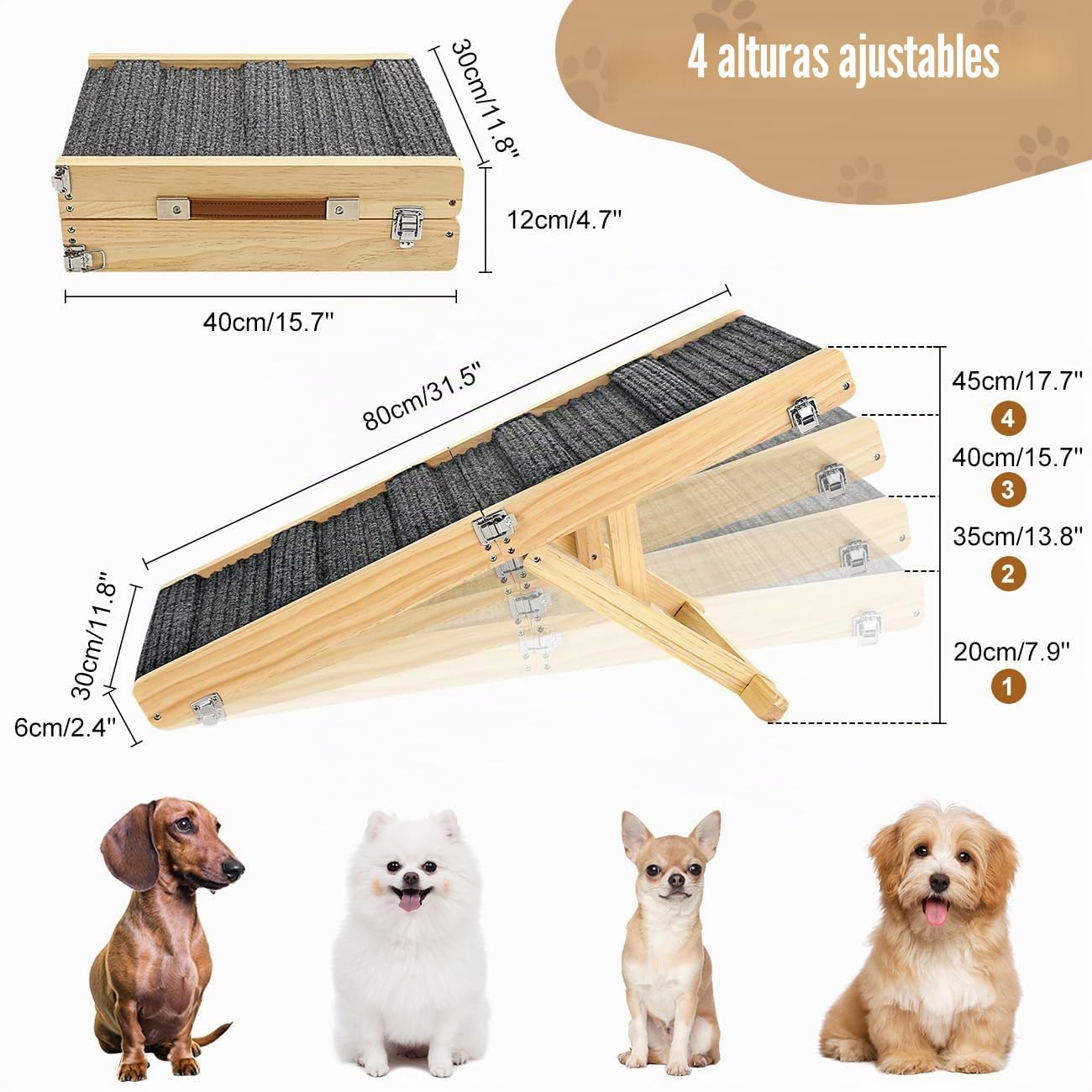 Pawaboo Rampa plegable para perros pequeños, rampa portátil de madera para mascotas, 4 alturas ajustables de 20 cm a 45 cm, rampa de coche para perros pequeños y gatos con alfombra antideslizante, uso