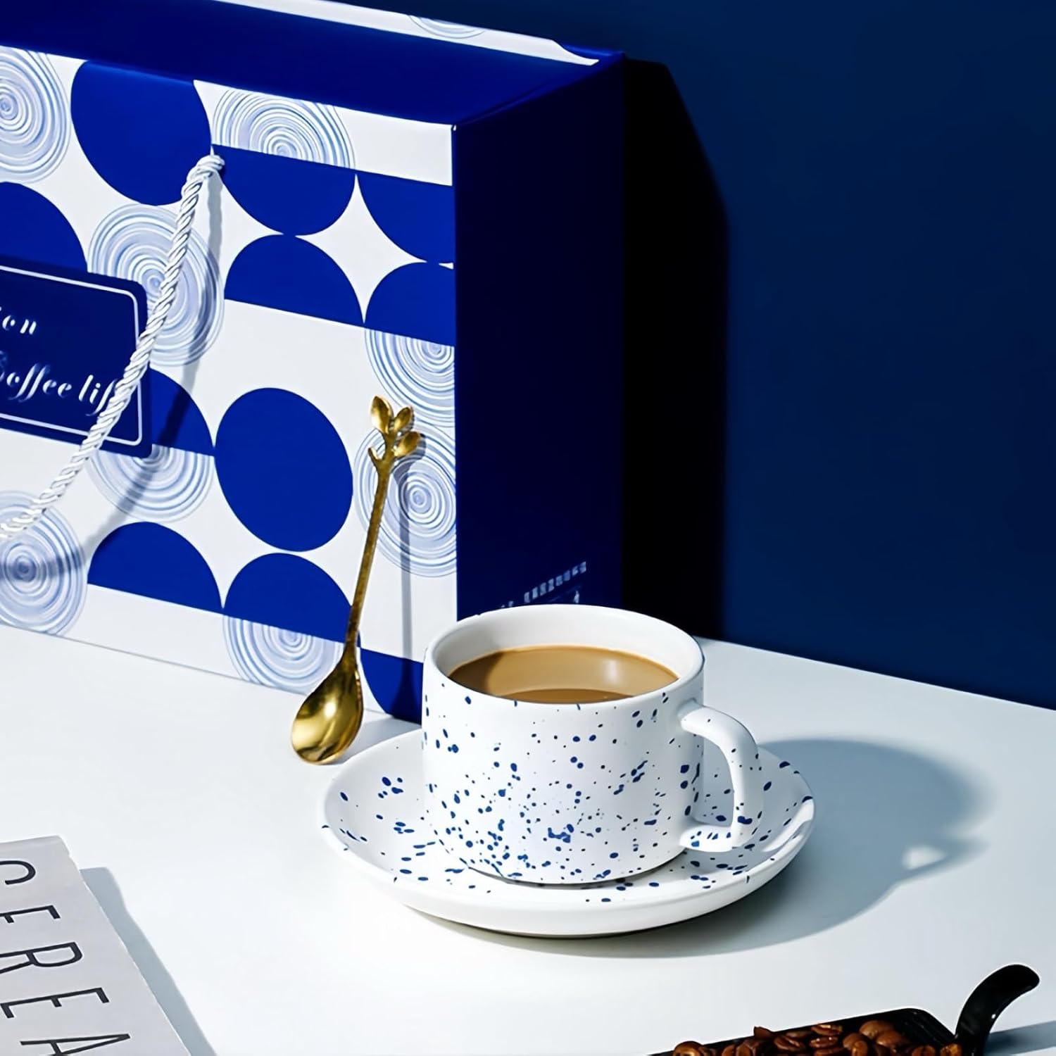 KLEIN BLUE Ceramic Coffee Mug and Saucer 6-Piece Gift Set, Includes 2 Mugs, 2 Saucers and 2 Gold Spoons (White+white)