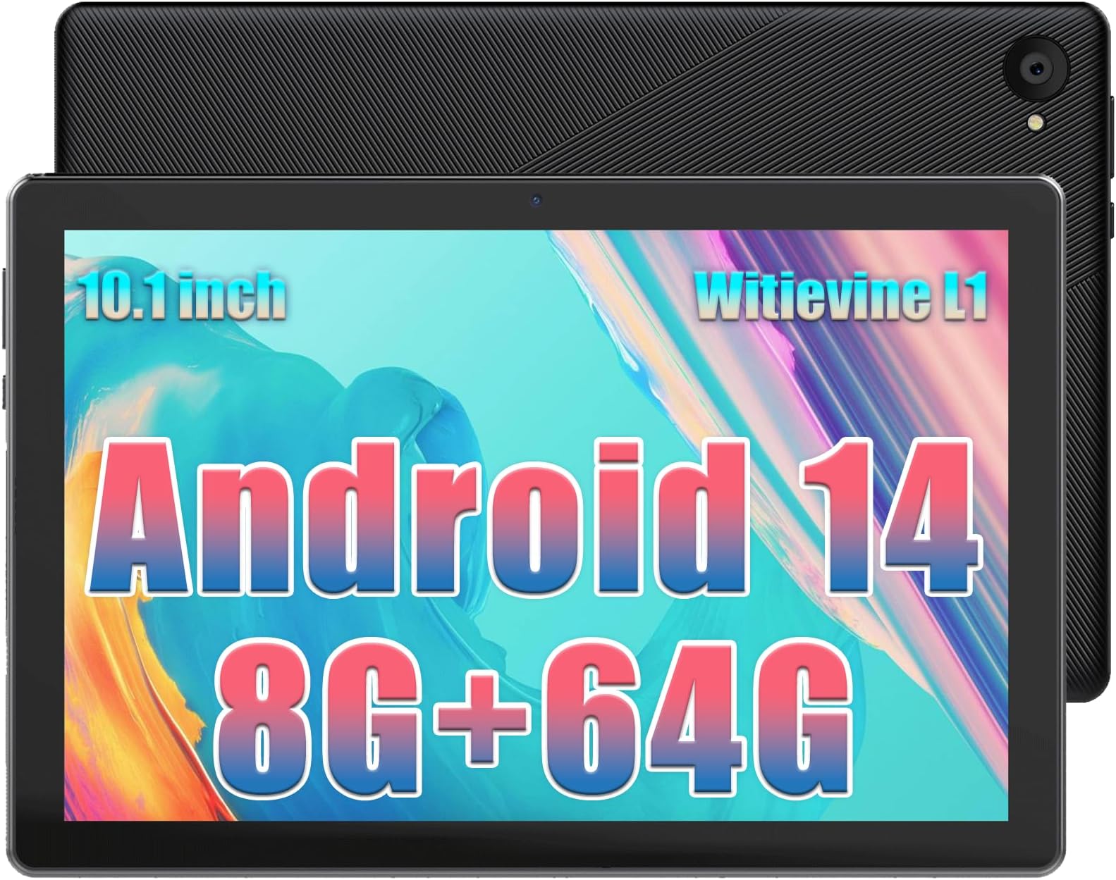 kotsren Android 14 Tablet, 10 inch Tablet, Octa Core Processors, 1280 * 800 IPS HD, Dual Cameras, 8GB RAM 64GB ROM 1TB Expand, Android 14, 2.4G+5G WiFi, Face ID, 5000mAh Battery, Fast Charging - Black