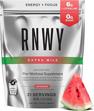 RNWY Extra Mile Caffeine Free Pre Workout Powder, 6g L-Citrulline, Sugar Free, Stimulant Free, with DynamineTM and TeaCrine for Endurance and Focus, 21 Servings Sour Watermelon