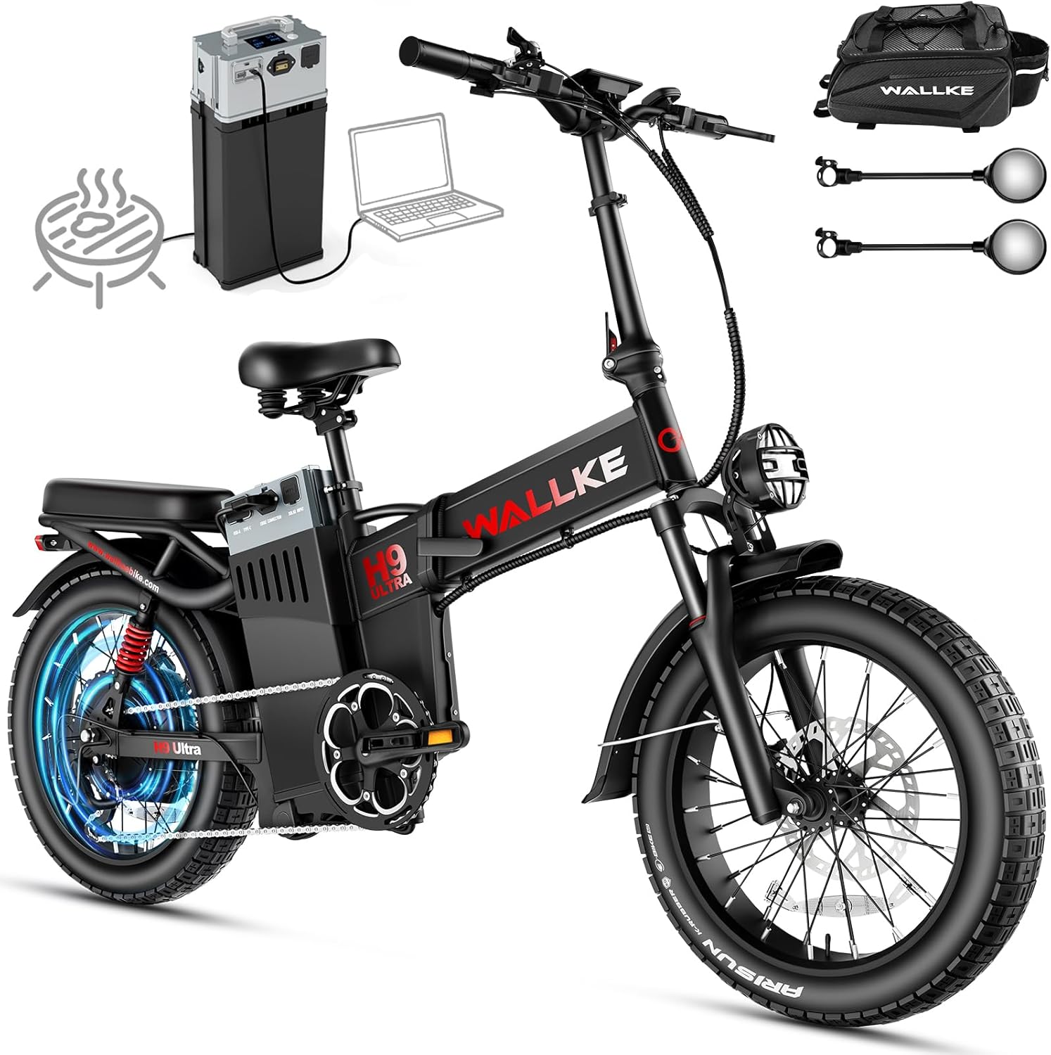 Wallke H9 Ultra Elite 2-in-1 Long Range Electric Bike for Adults +Solar AC/DC Power Hub, 48V 55Ah 180Mi, 105NM 37MPH Fast Ebike, Rust-Free Best eBike w/Torque Sensor, 20x4 ARISUN Fat Tire All Terrain