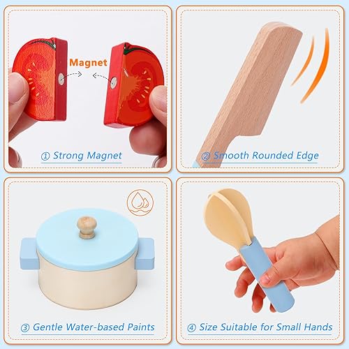 Miniatura 5 de Juego de accesorios de cocina, juego de cocina de madera, juego de cocina de juego de simulación para niños, incluyendo estufa, ollas y sartenes,