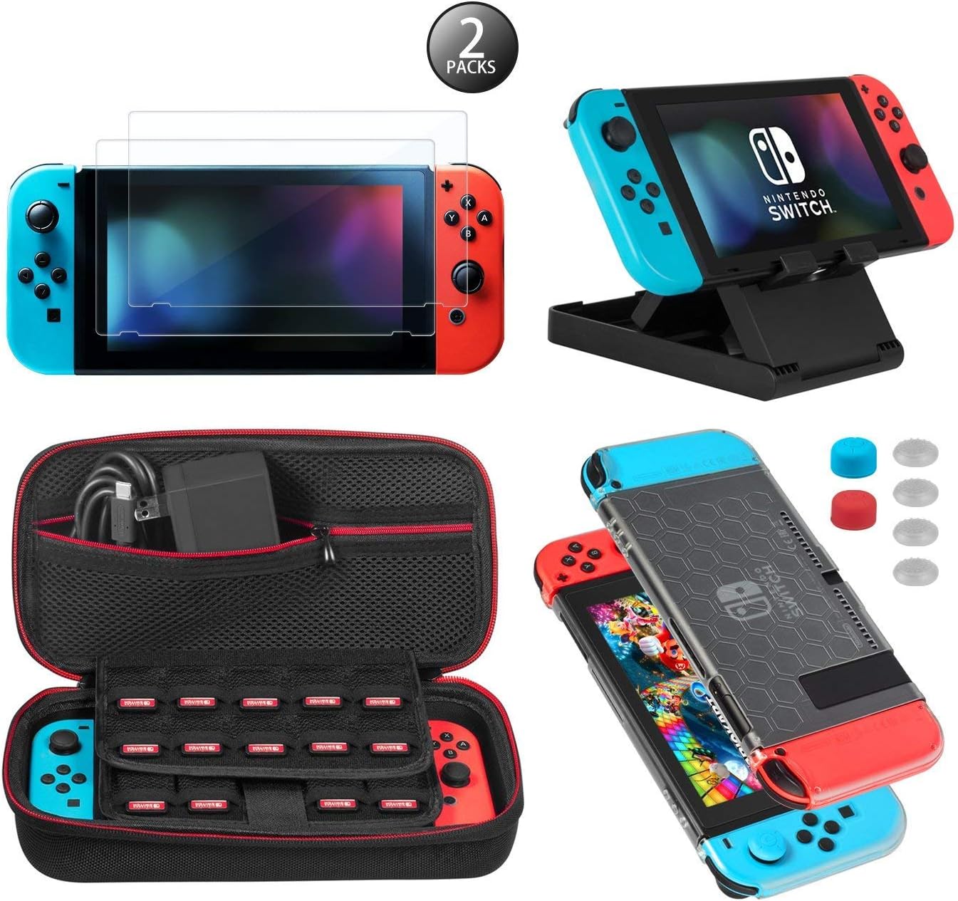 Keten 13 in 1 Switch Accessories Kit, Including Travel Carrying Case, NS Switch Clear Cover Case, Adjustable Stand, Tempered Glass Screen Protector (2 Packs)
