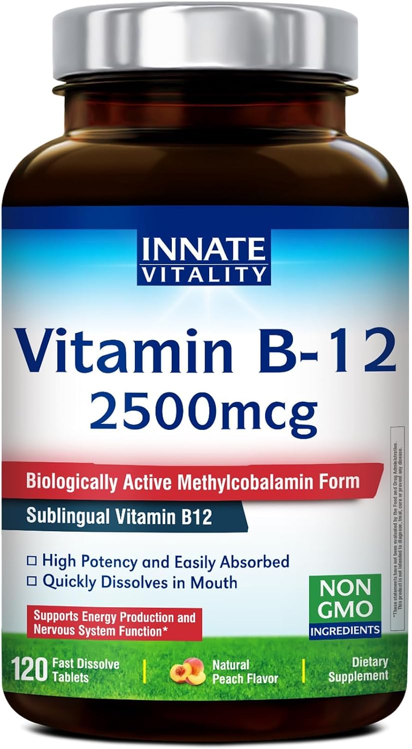 Innate Vitality Vitamin B12 2500mcg, Sublingual Methylcobalamin, Extra Strength for Energy Metabolism, Mental Clarity, Nervous System Health, Peach Flavor, Zero Sugar, 120 Fast Dissolve Tablets