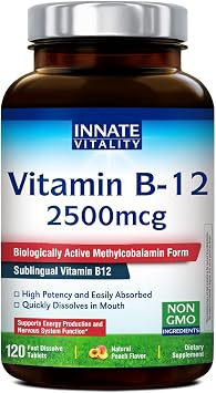 Innate Vitality Vitamin B12 2500mcg, Sublingual Methylcobalamin, Extra Strength for Energy Metabolism, Mental Clarity, Nervous System Health, Peach Flavor, Zero Sugar, 120 Fast Dissolve Tablets