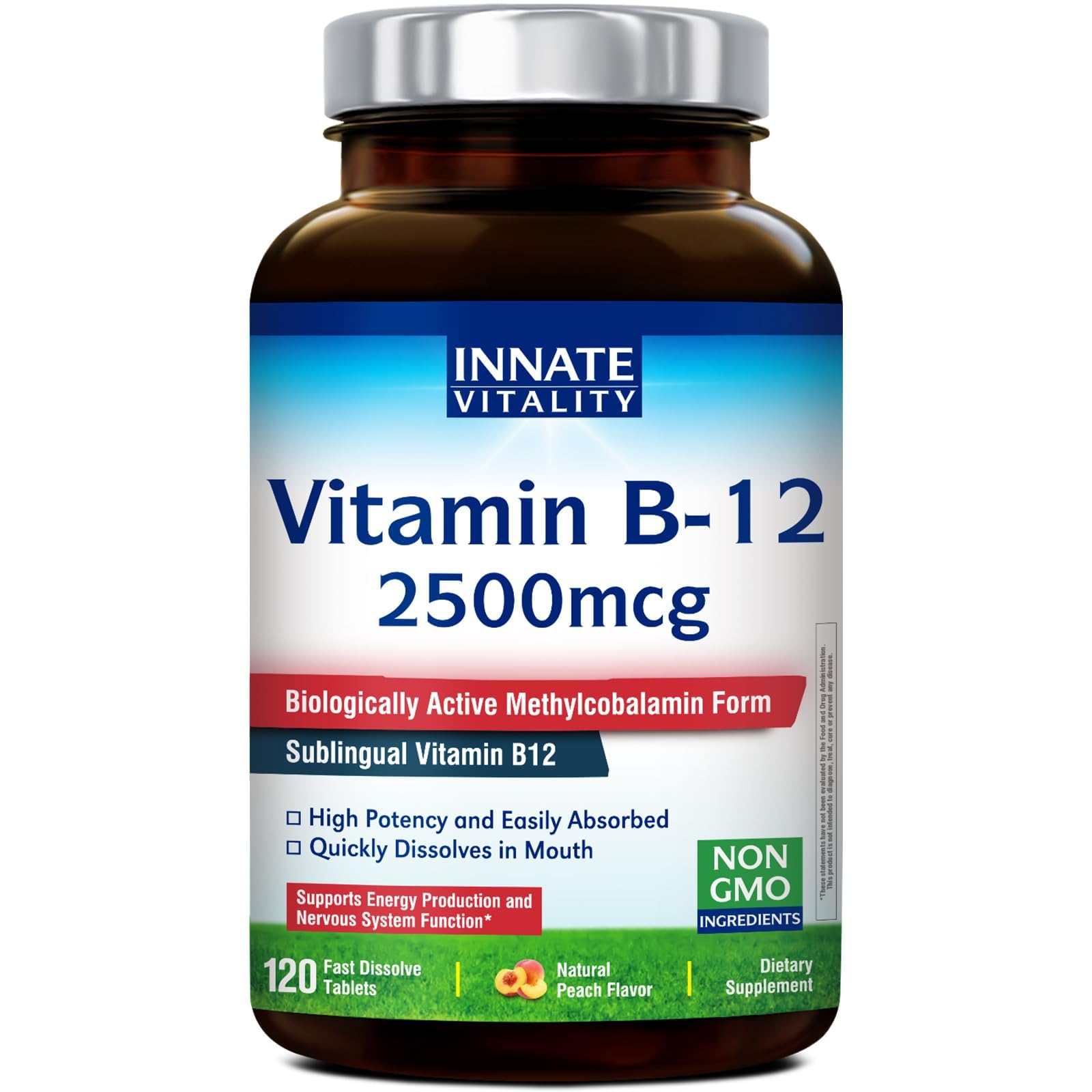 Innate Vitality Vitamin B12 2500mcg, Sublingual Methylcobalamin, Extra Strength for Energy Metabolism, Mental Clarity, Nervous System Health, Peach Flavor, Zero Sugar, 120 Fast Dissolve Tablets 120 Count (Pack of 1)