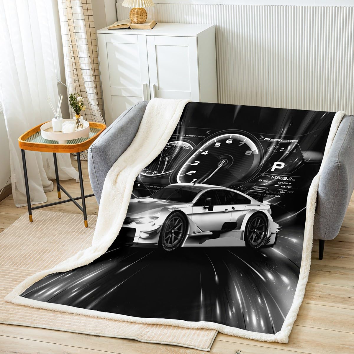 Coperta in pile per auto sportiva, colore giallo, per bambini, ragazzi, ragazze, sport estremi, coperta in peluche, coperta per divano letto, letto king size 200 x 220 cm