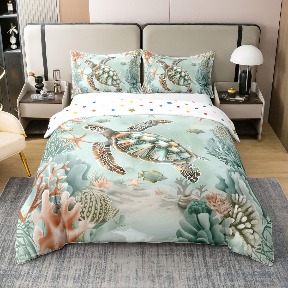 Homewish Ozean Reptil Schildkröte Bettwäsche Baumwolle Meer Schildkröte Muster Bettbezug 135x200 Fisch Marine Thema Bettwäsche Set Kinder Jungen Mädchen Unterwasser Tiere Kreaturen Bettset Zimmerdekor