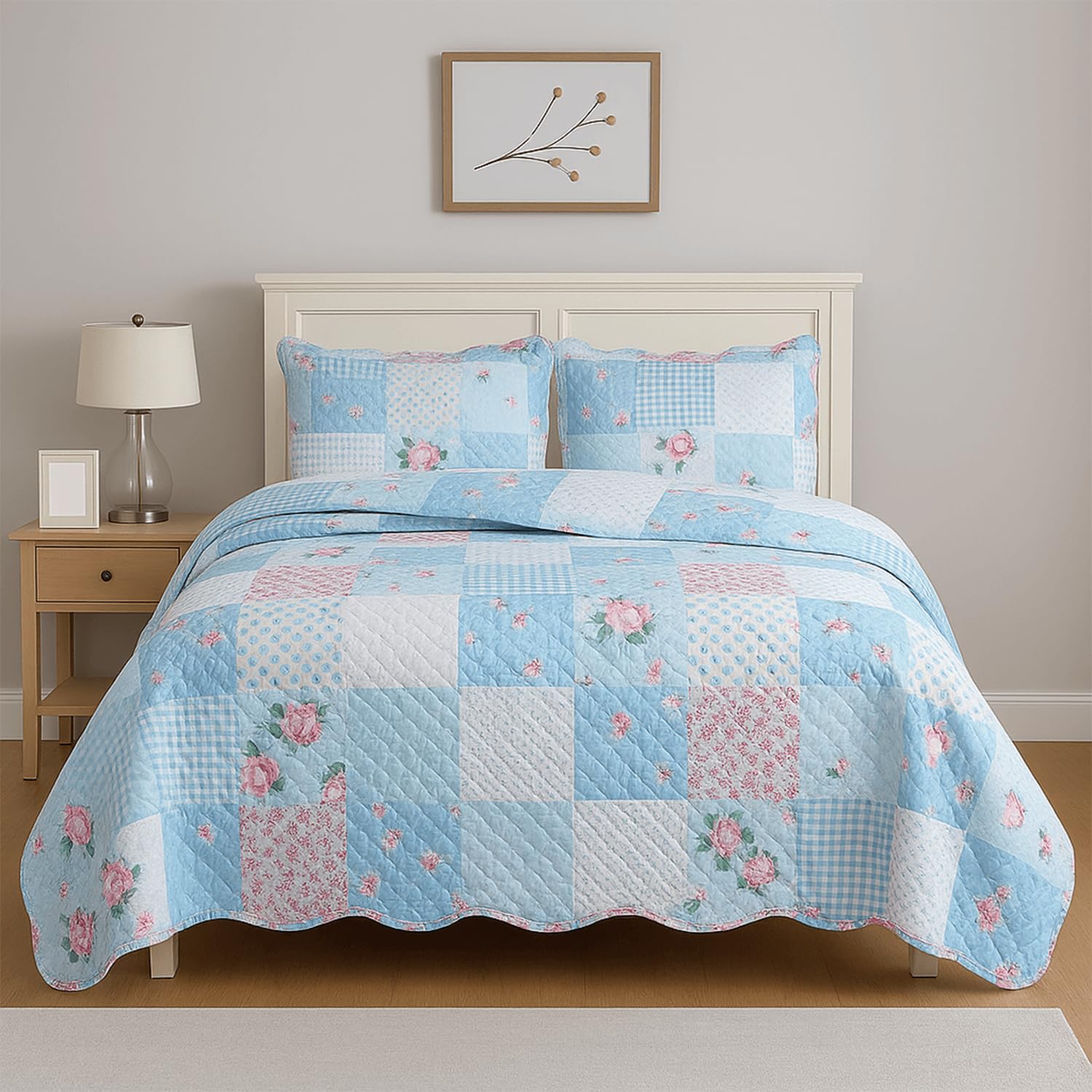 Cozy Haven Quilt Patchwork Bedspread 2 Piece Set – Coverless Quilted Bedspread, Reversible, Lightweight Quilt Comfort with 2 Pillow Sham (Floral Blue, Double)