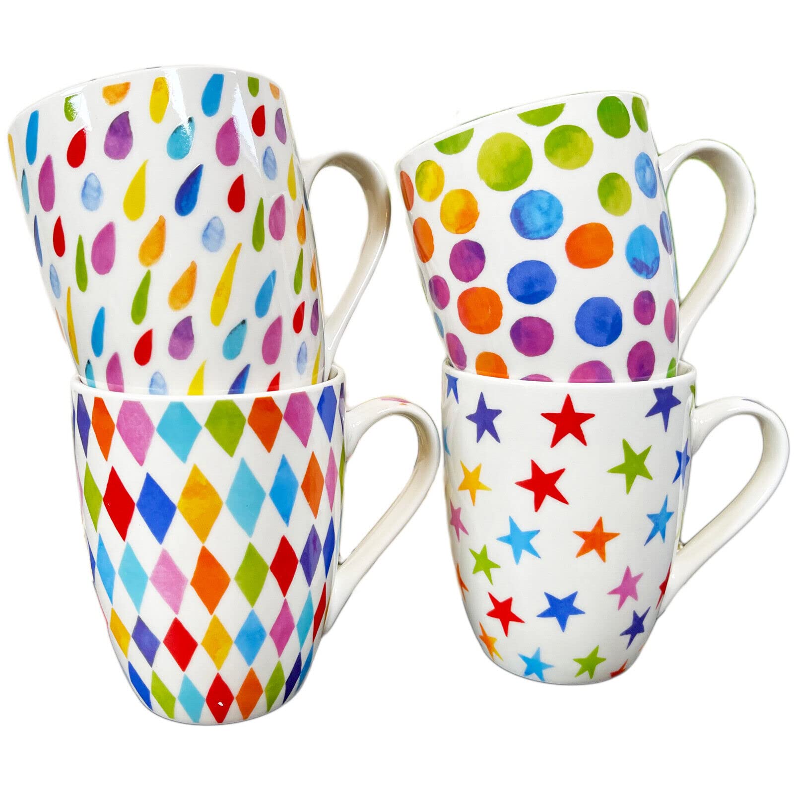 Darthome Bright Spark Mugs Set of 4 Rainbow Shapes Ceramic 350ml Assorted Coffee Cup Gift