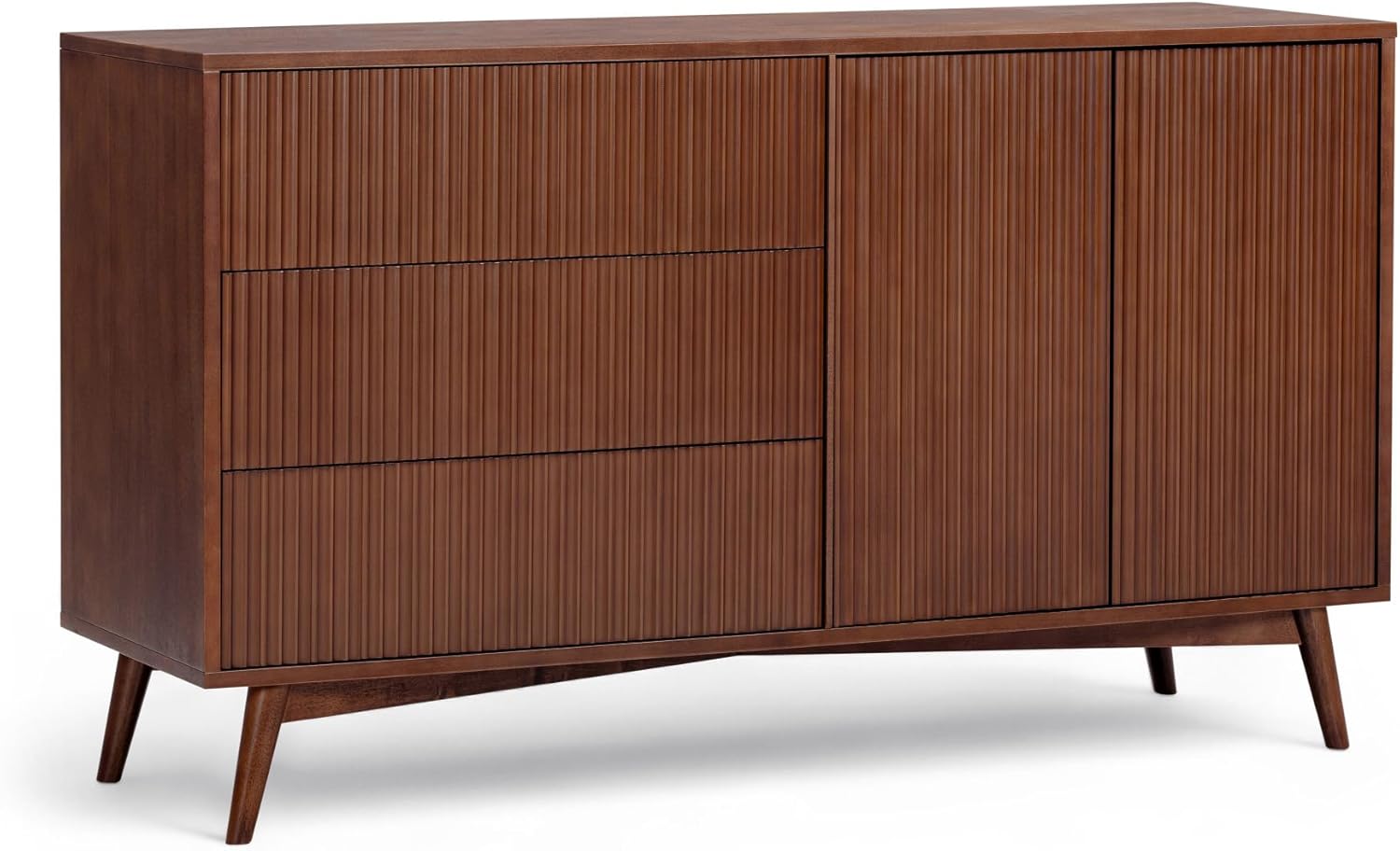 Teamson Home Tremolo 55″ Wide Sideboard Cabinet with 3 Deep Drawers & 2 Push-Open Doors, Adjustable Shelf & Solid Rubber Wood Feet, Fluted Fronts in Contemporary Style for Living, Dining Room, Walnut