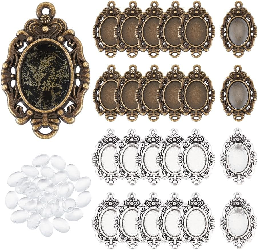 UNICRAFTALE about 60pcs 2 Colors Oval Fancy Tibetan Style Pendant Cabochon Setting Trays Pendant Blank Dome Bezel Charm with Glass Cabochons for DIY Photo Crafts Necklace Jewelry Making Tray 14x10mm