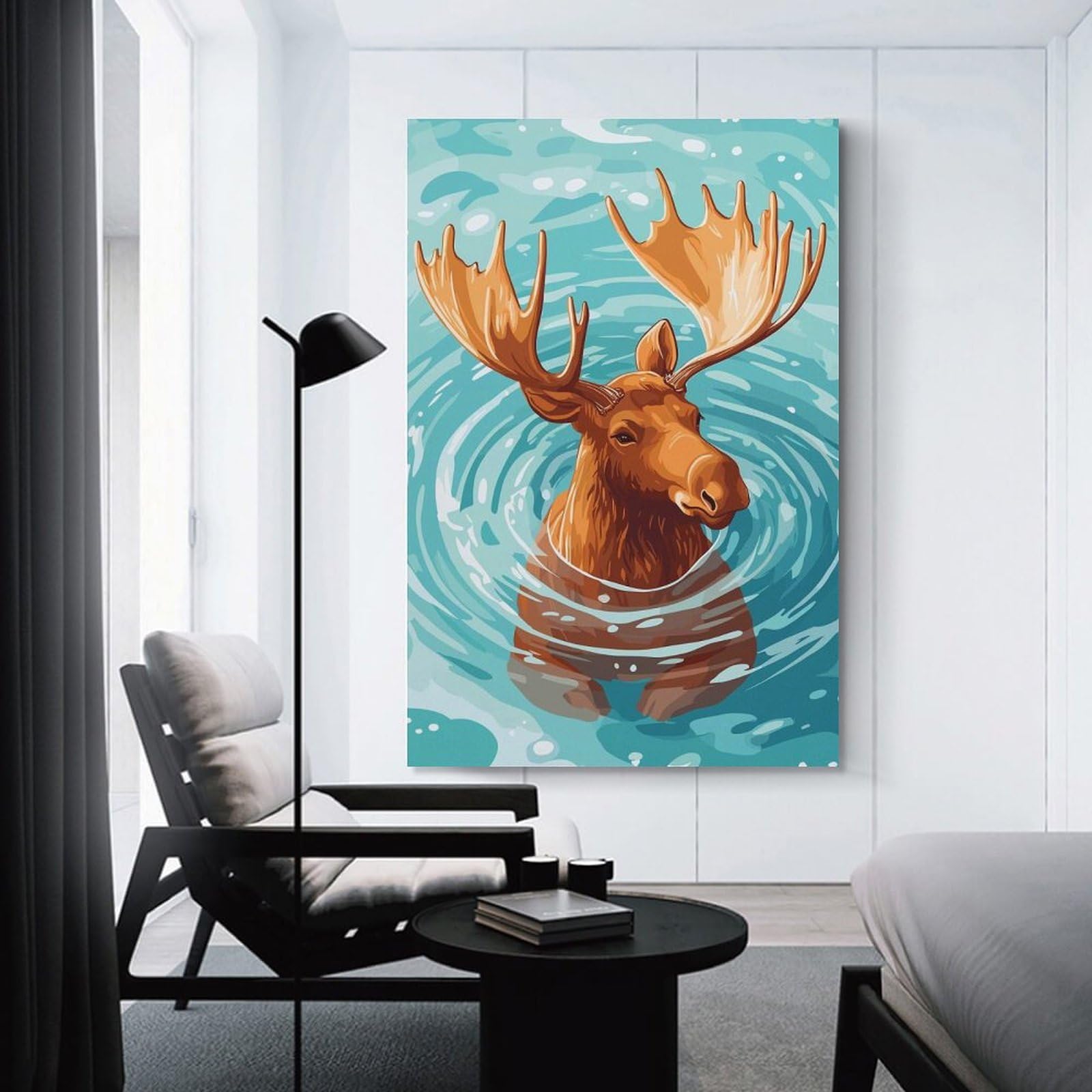 Junmoney Home Decor Wall Art Moose Swimming in Water Illustration, 24x36inch(60x90cm), for New Homes, Bedrooms Or Workspaces, Decorative Present for New Homes