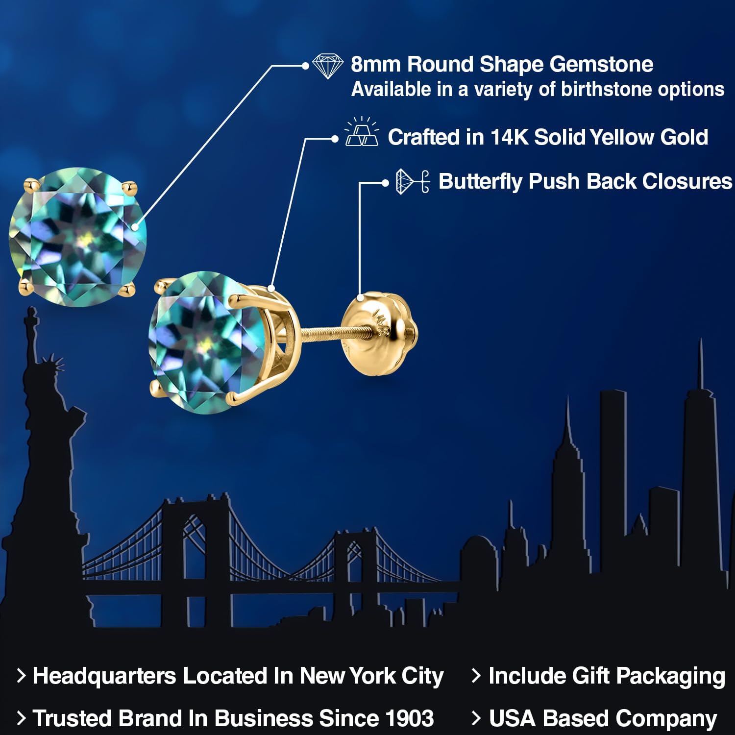 Gem Stone King 14K Yellow Gold Millennium Blue Mystic Topaz Stud Earrings for Women | 4.00 Cttw | Gemstone November Birthstone | Round 8MM - Image 2